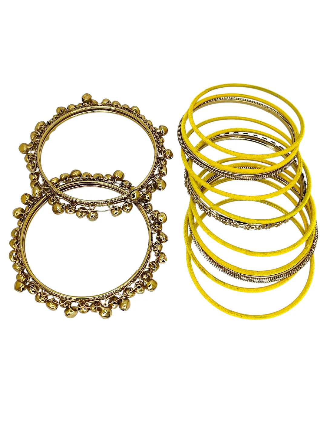 Set Of 13 Gold Plated Ghungroo Yellow Velvet Chuda Set
