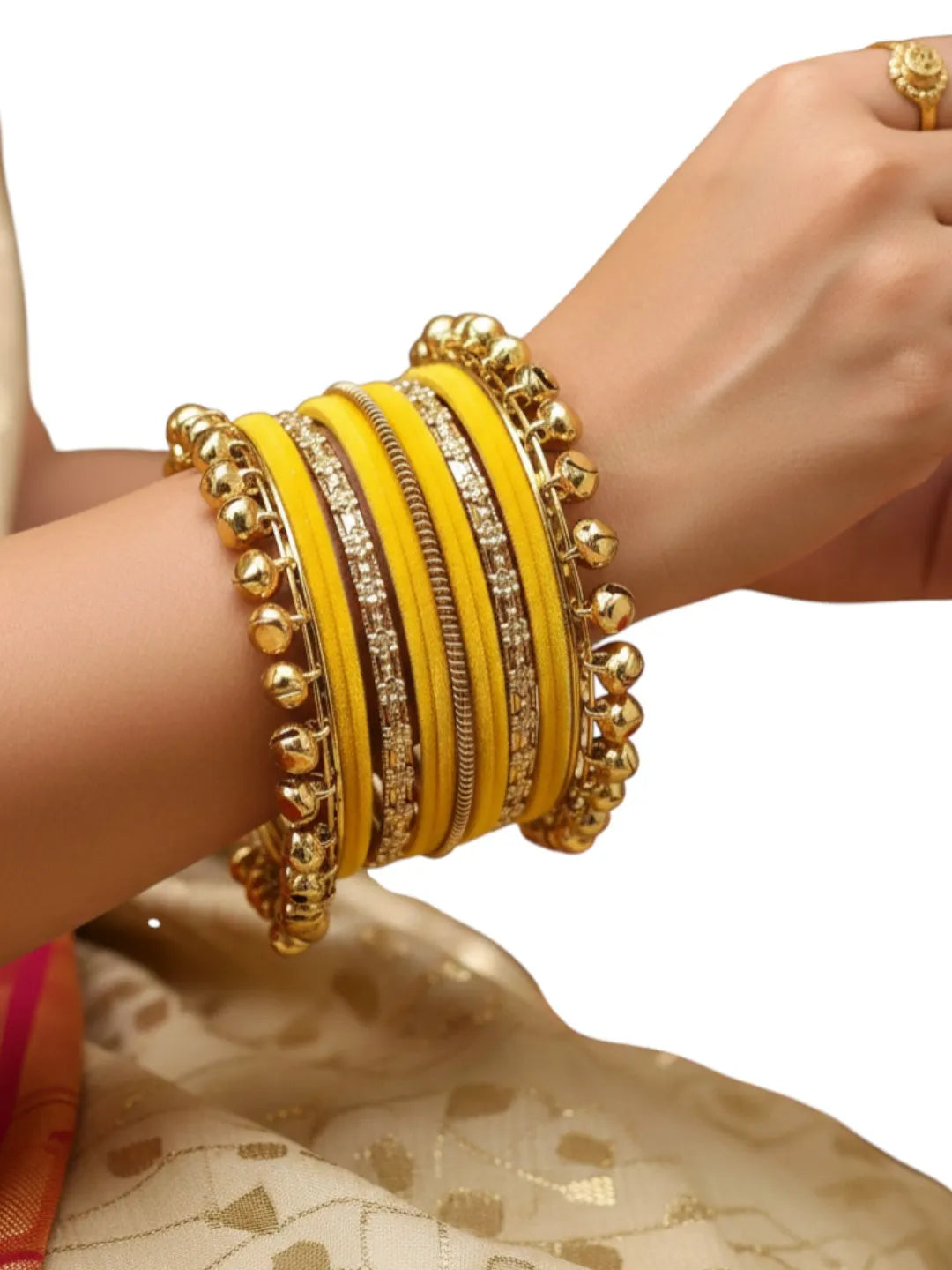 Set Of 13 Gold Plated Ghungroo Yellow Velvet Chuda Set
