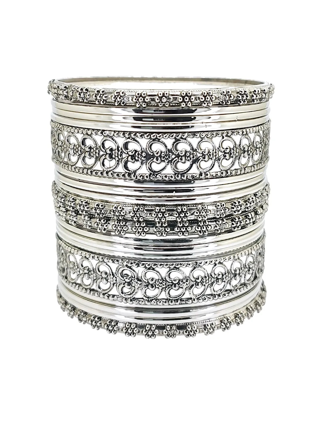 Silver Oxidised Set Of 18 Cutwork Pattern Bangle Set