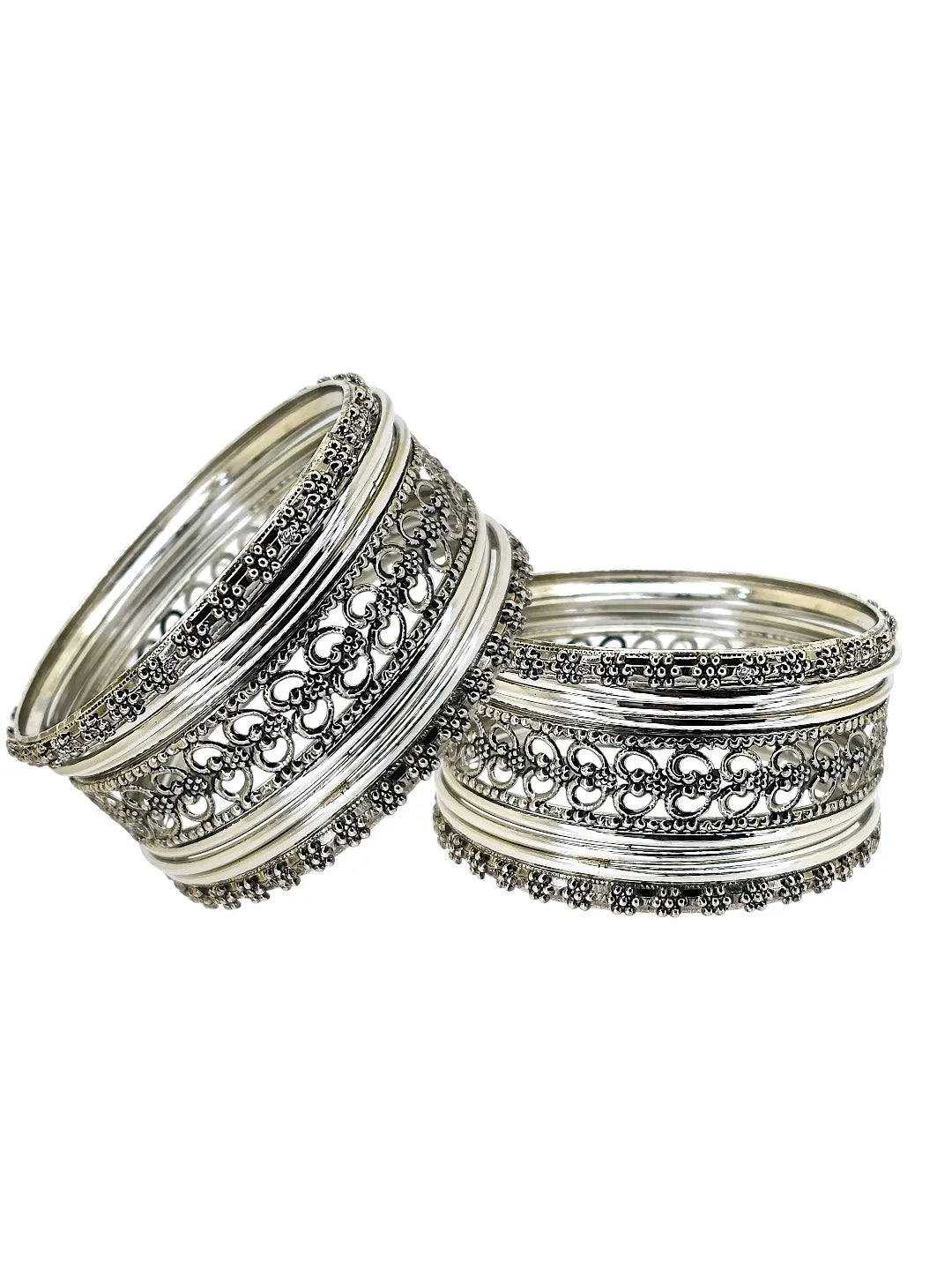 Silver Oxidised Set Of 18 Cutwork Pattern Bangle Set