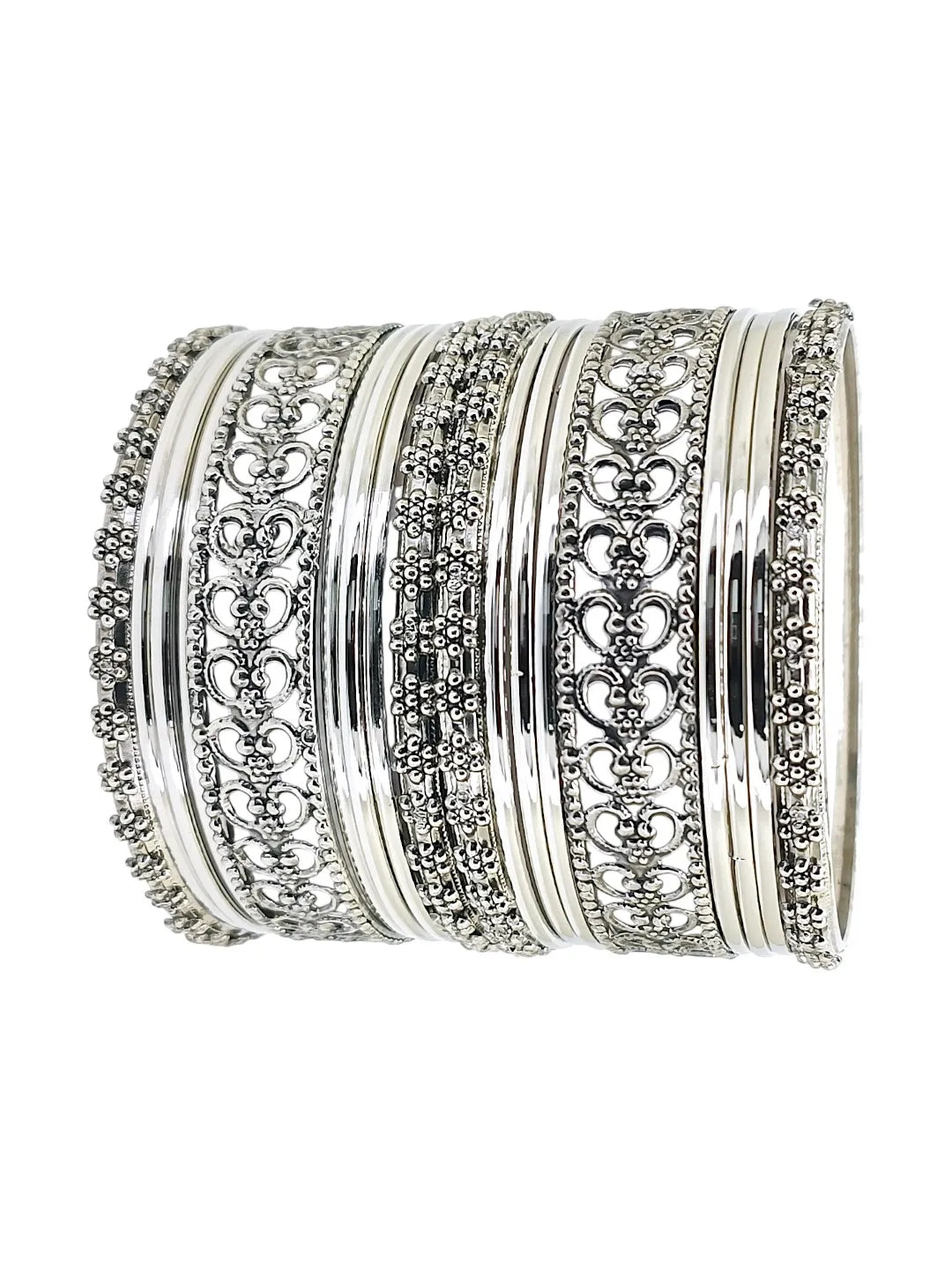 Silver Oxidised Set Of 18 Cutwork Pattern Bangle Set