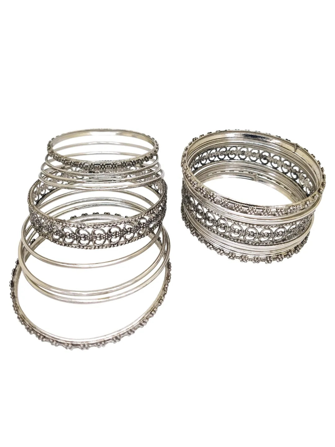 Silver Oxidised Set Of 18 Cutwork Pattern Bangle Set