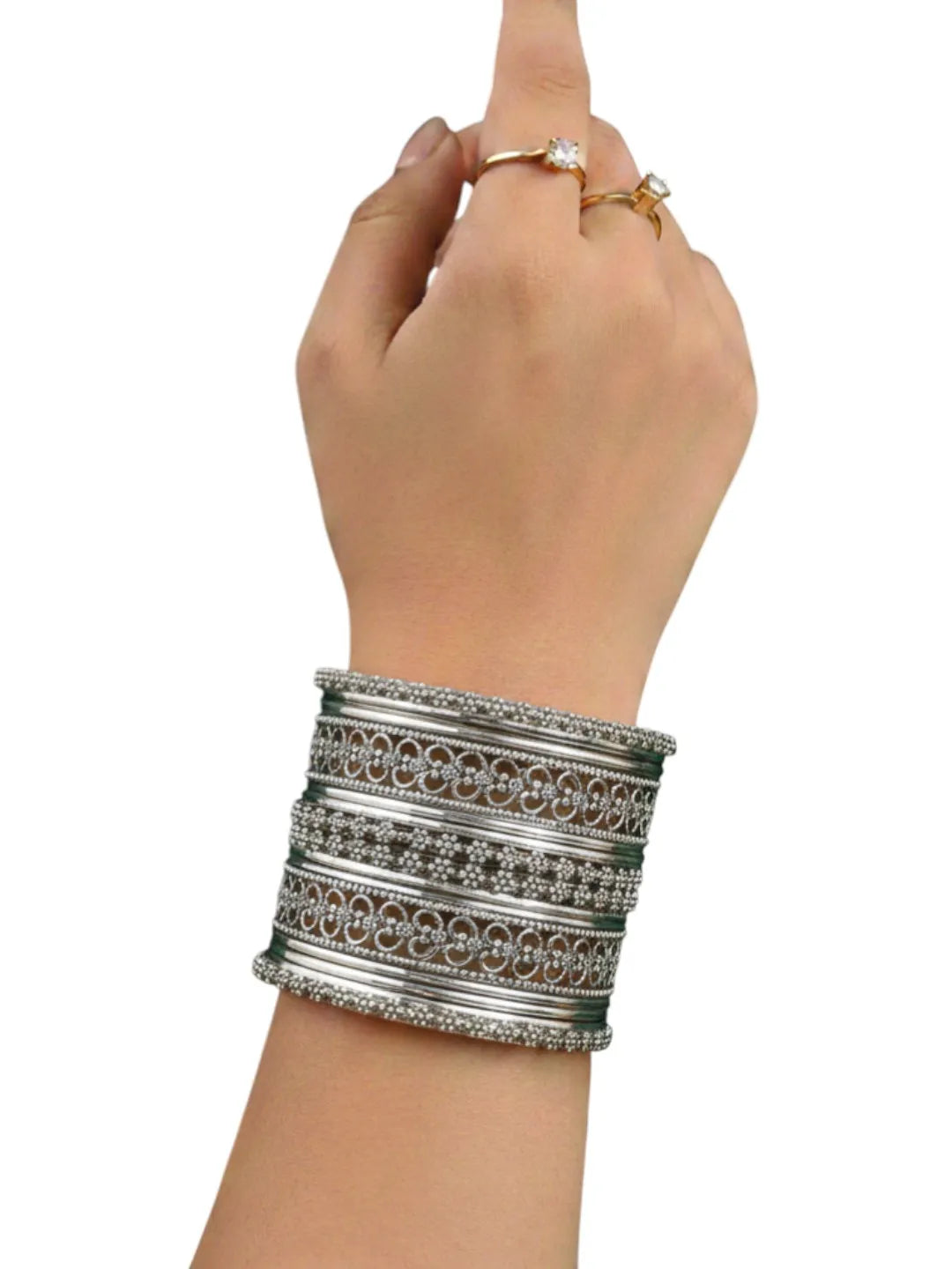 Silver Oxidised Set Of 18 Cutwork Pattern Bangle Set