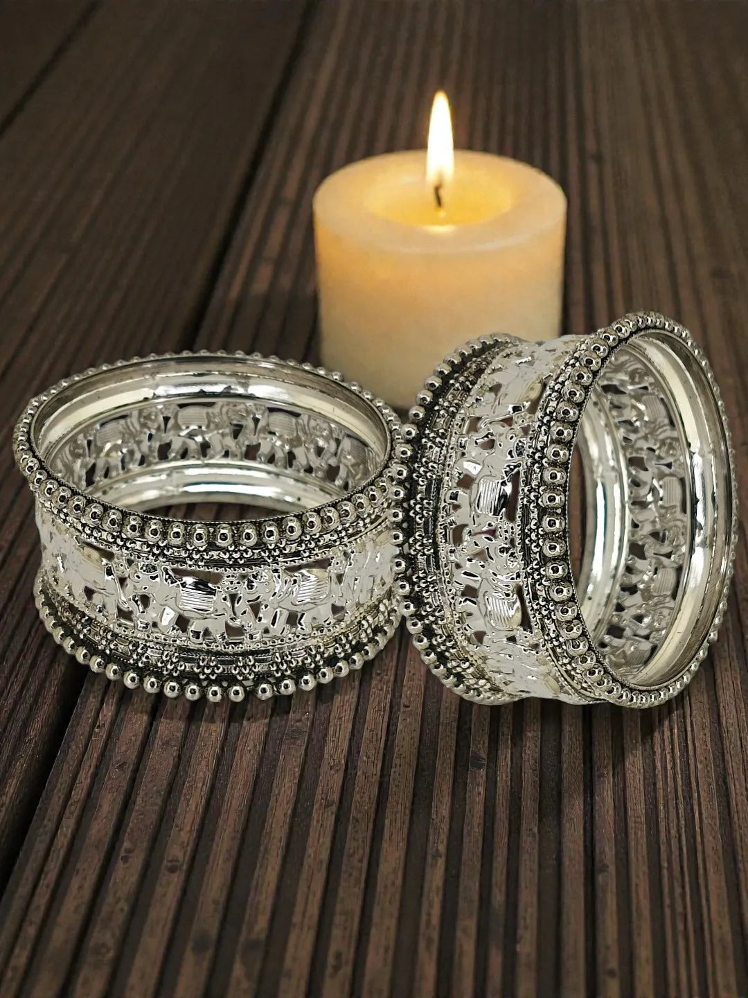 Set Of 10 Silver Oxidised Elephant Motif Bangles
