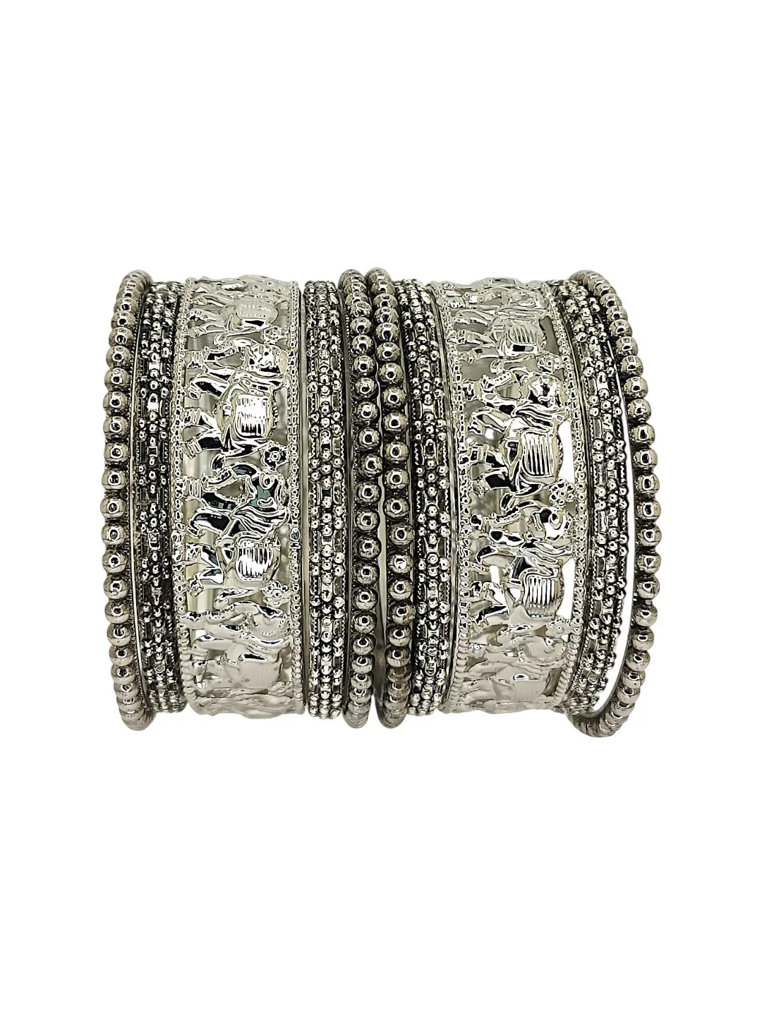 Set Of 10 Silver Oxidised Elephant Motif Bangles