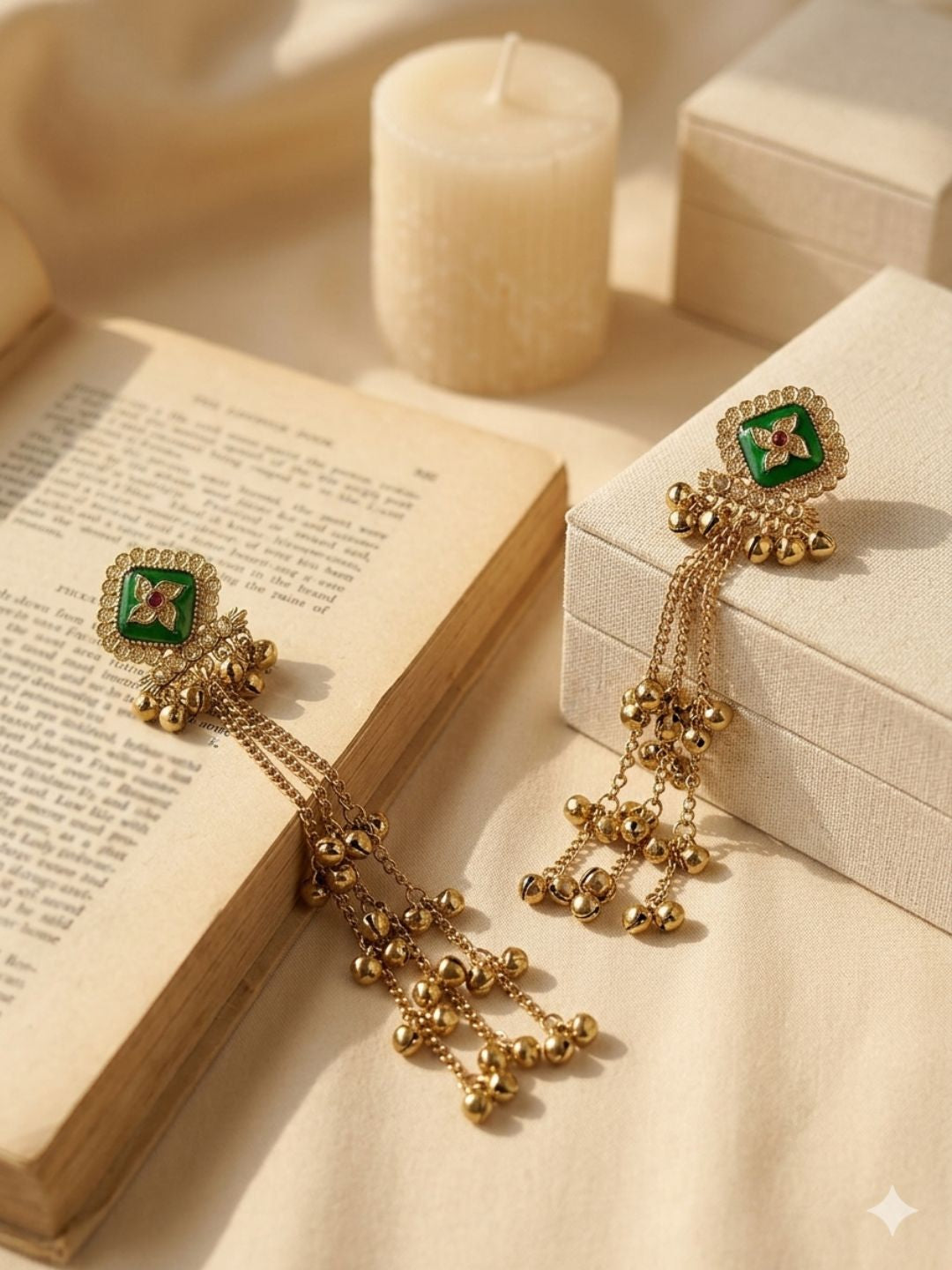 Antique Gold Plated CZ Green Long Kashmiri Earrings
