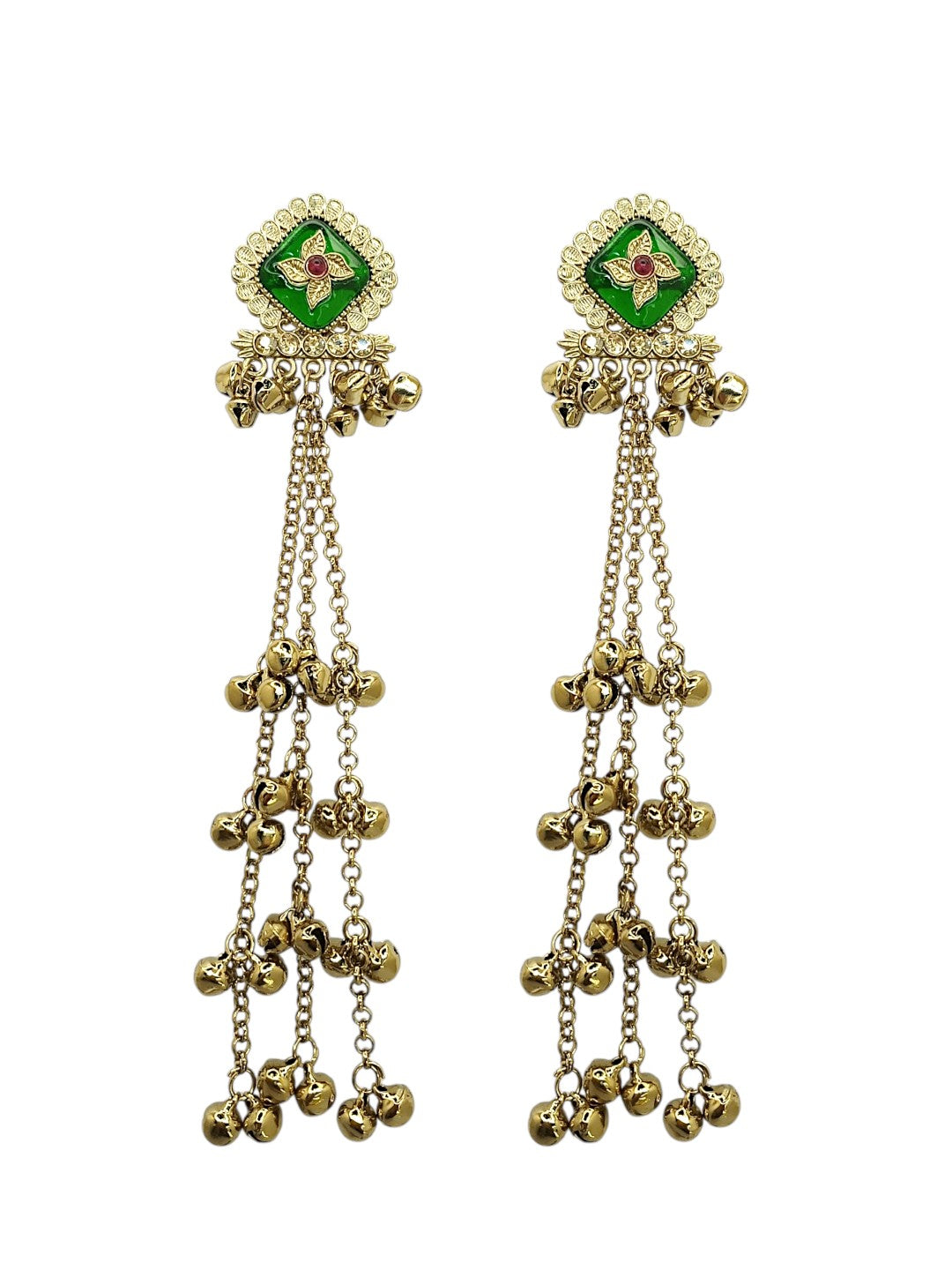 Antique Gold Plated CZ Green Long Kashmiri Earrings