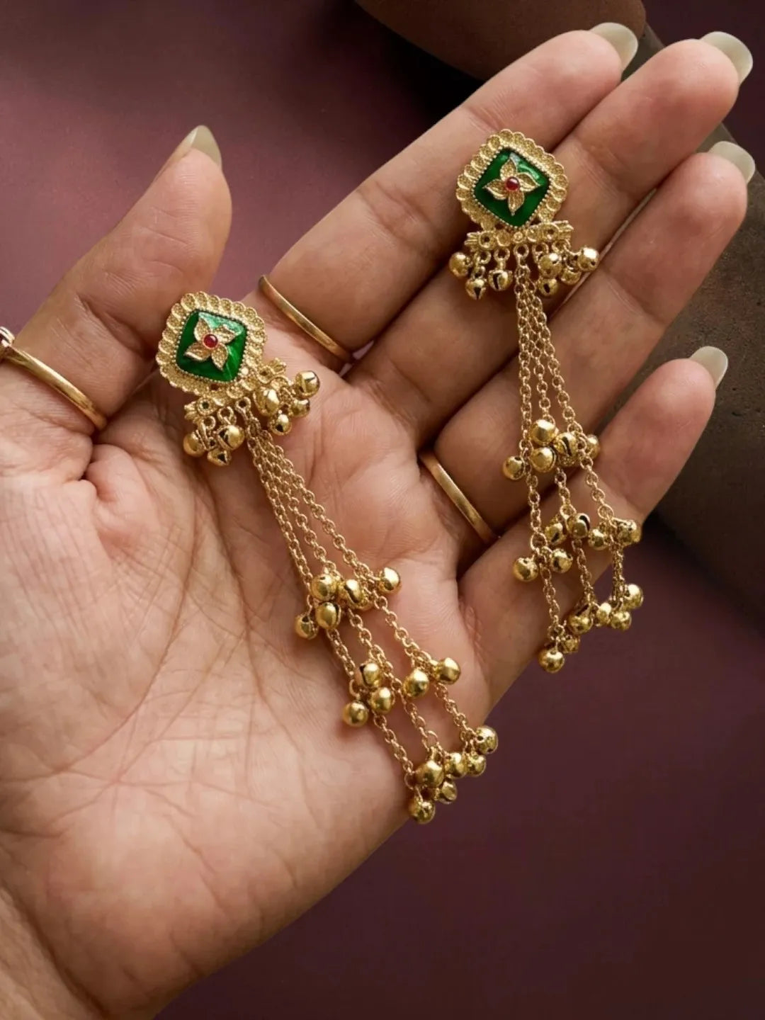 Antique Gold Plated CZ Green Long Kashmiri Earrings