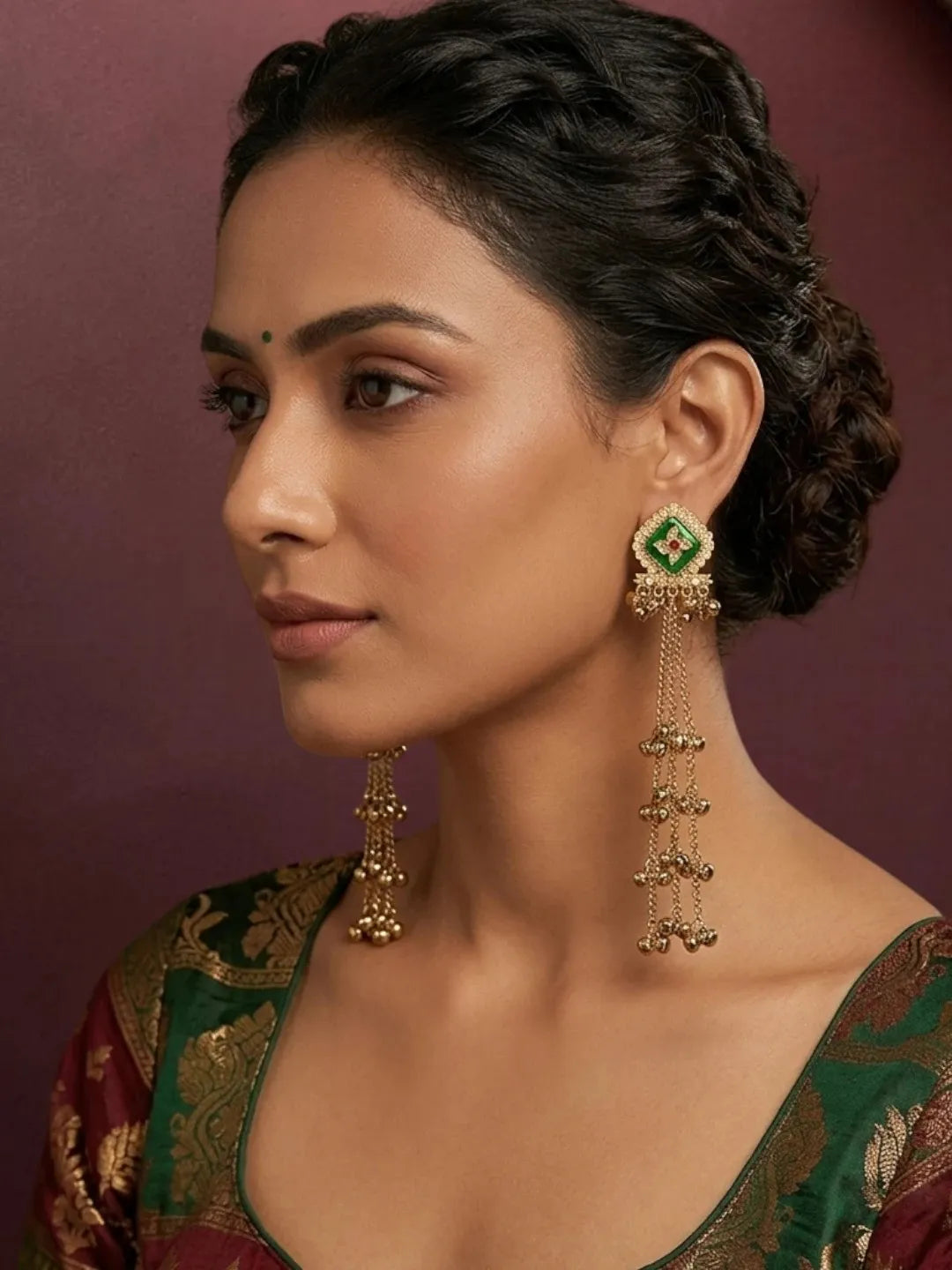 Antique Gold Plated CZ Green Long Kashmiri Earrings