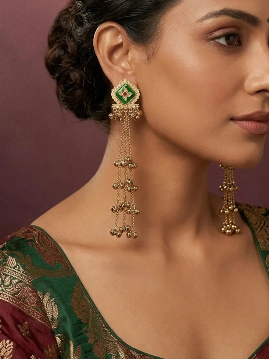 Antique Gold Plated CZ Green Long Kashmiri Earrings