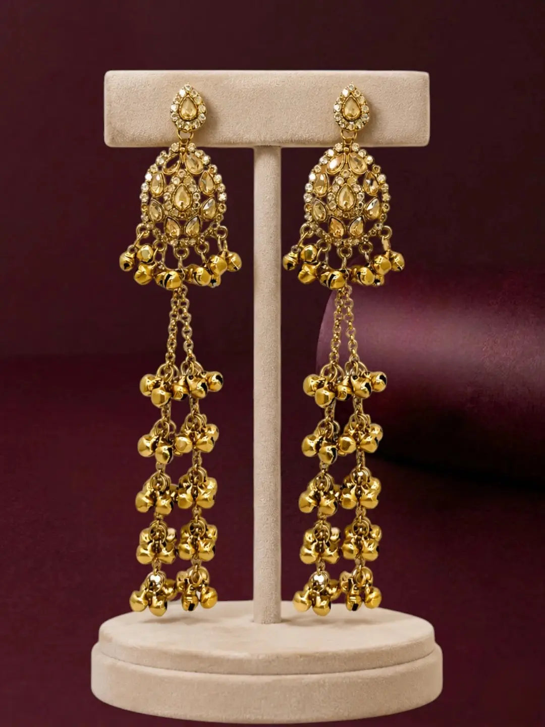 Antique Gold Plated Champagne Long Kashmiri Earrings