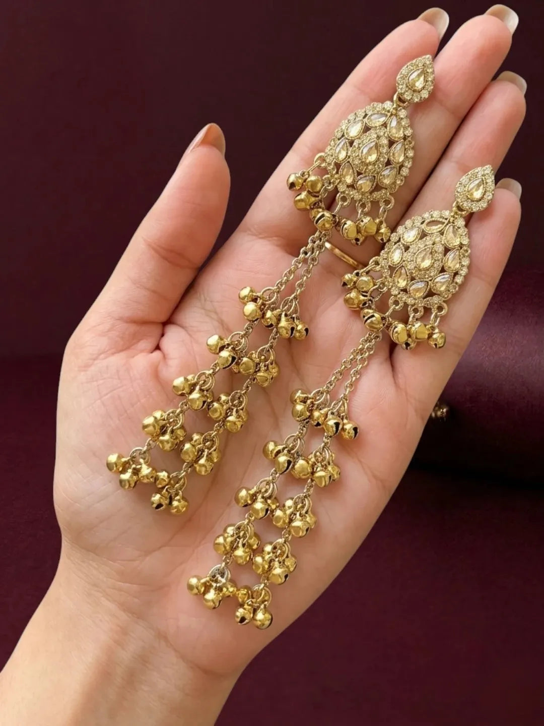 Antique Gold Plated Champagne Long Kashmiri Earrings