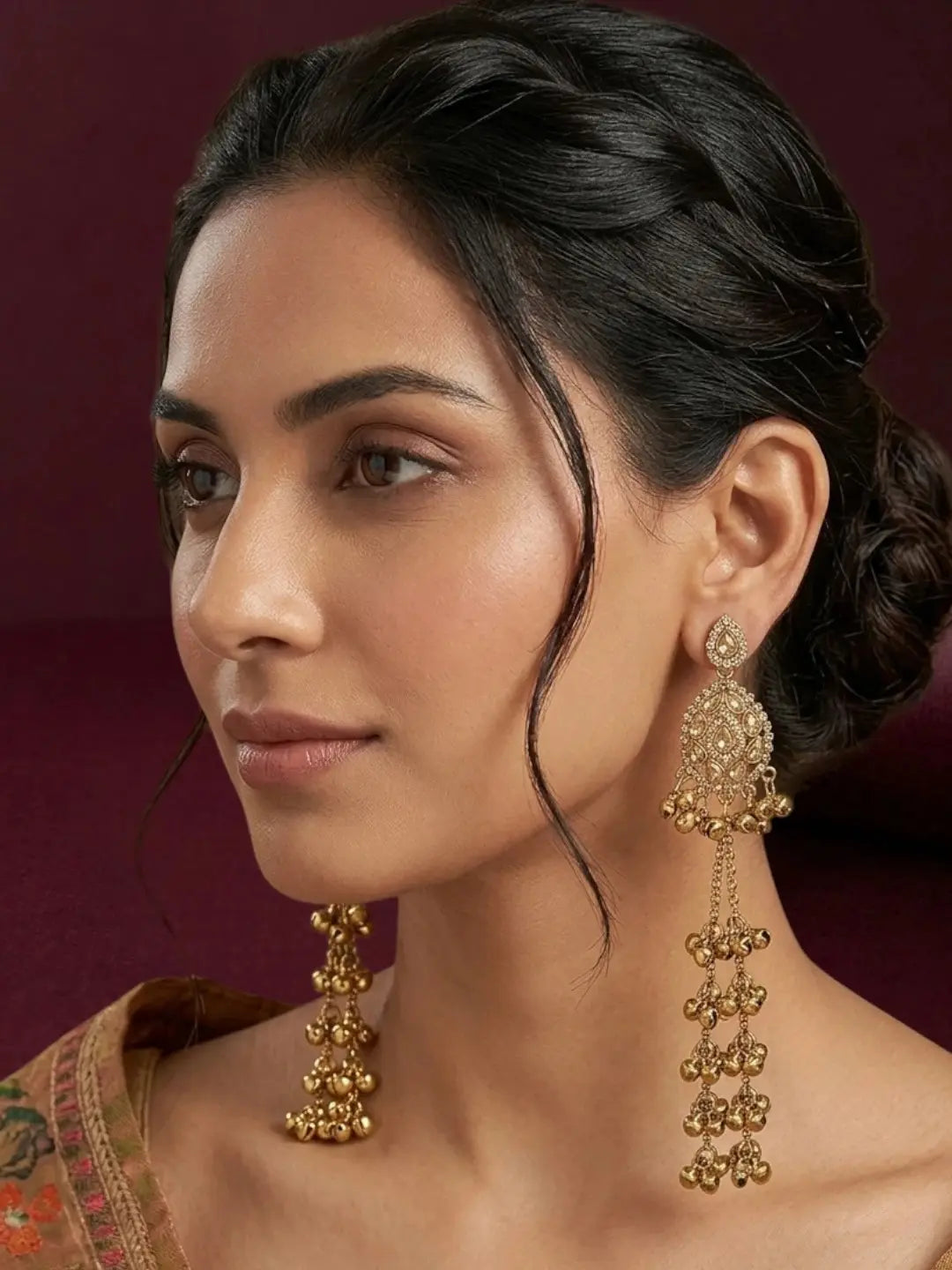 Antique Gold Plated Champagne Long Kashmiri Earrings