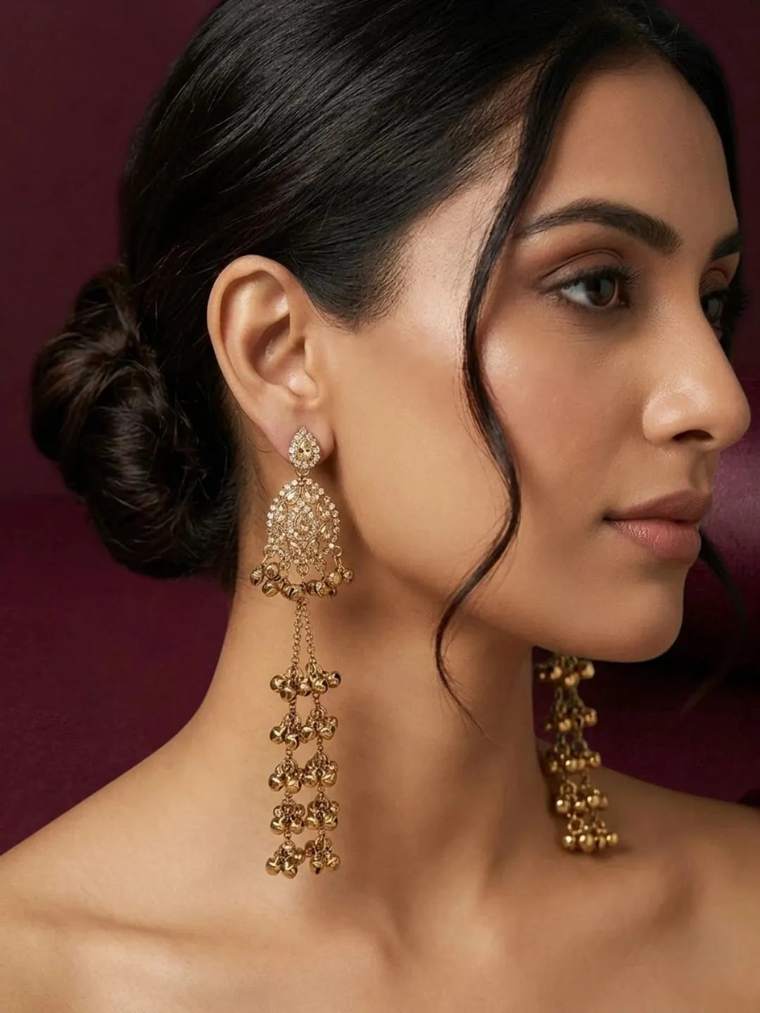 Antique Gold Plated Champagne Long Kashmiri Earrings