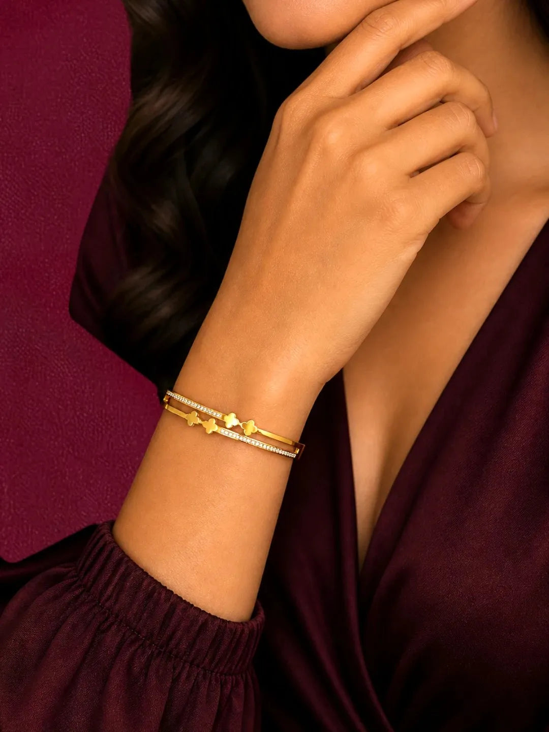 Gold Plated Anti Tarnish CZ Clover Cut Out Bracelet