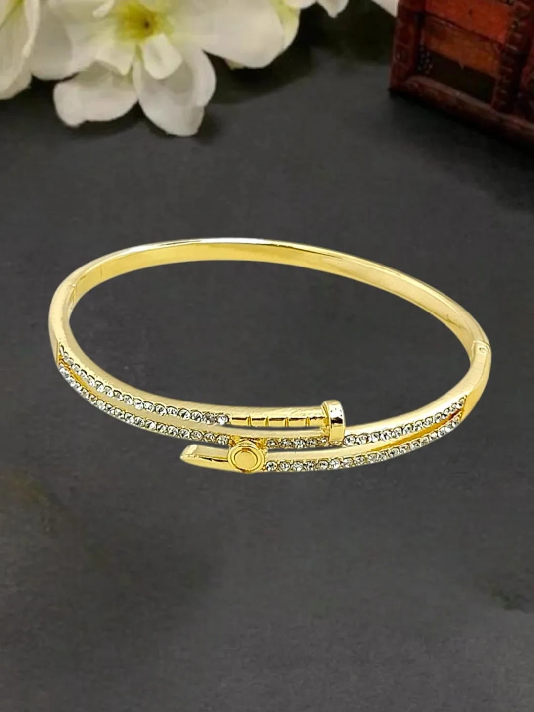 Anti-Tarnish Gold-Toned CZ Studded Nail Design Bracelet