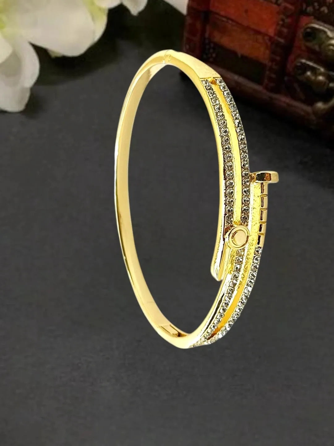Anti-Tarnish Gold-Toned CZ Studded Nail Design Bracelet