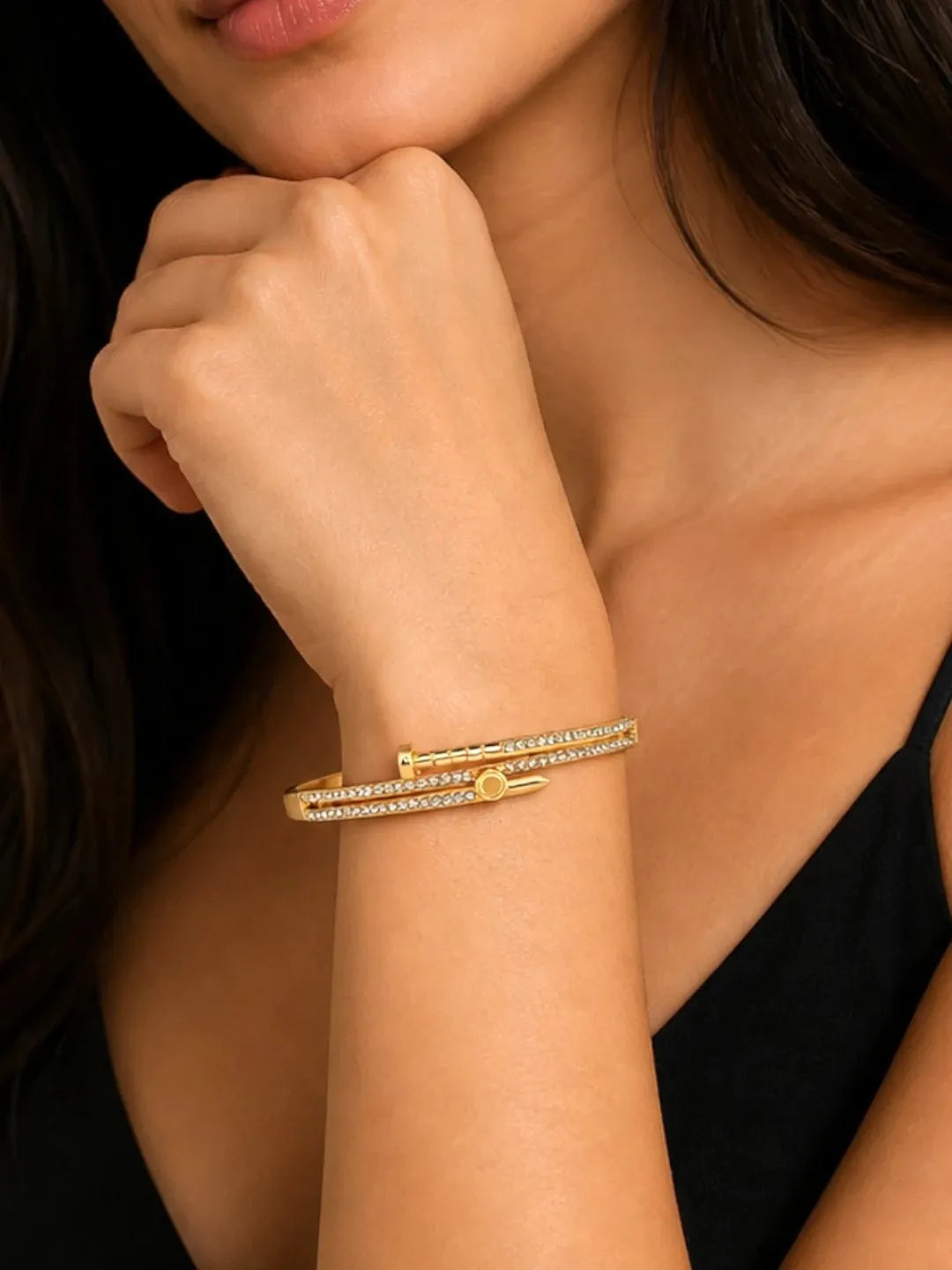 Anti-Tarnish Gold-Toned CZ Studded Nail Design Bracelet