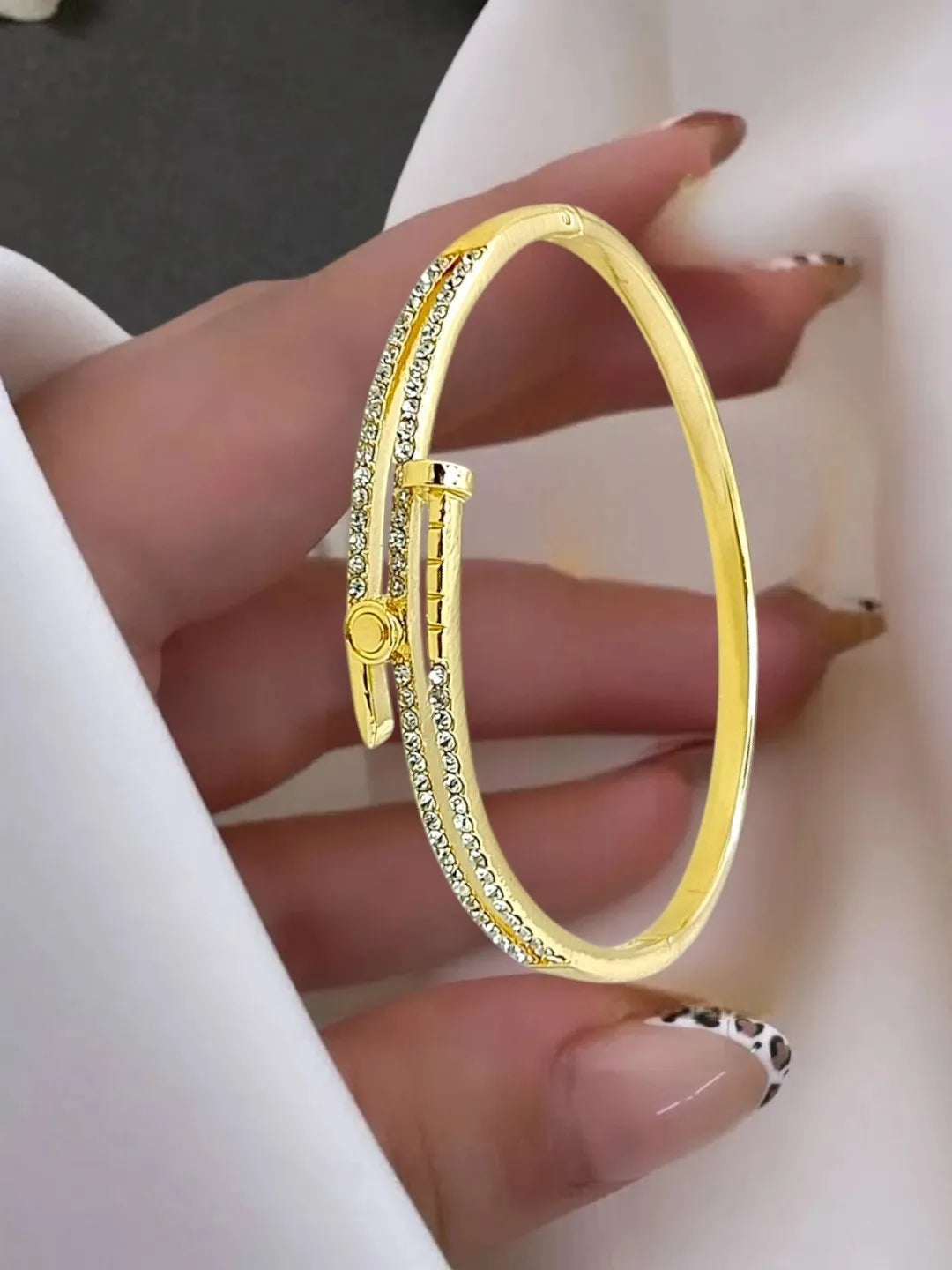 Anti-Tarnish Gold-Toned CZ Studded Nail Design Bracelet