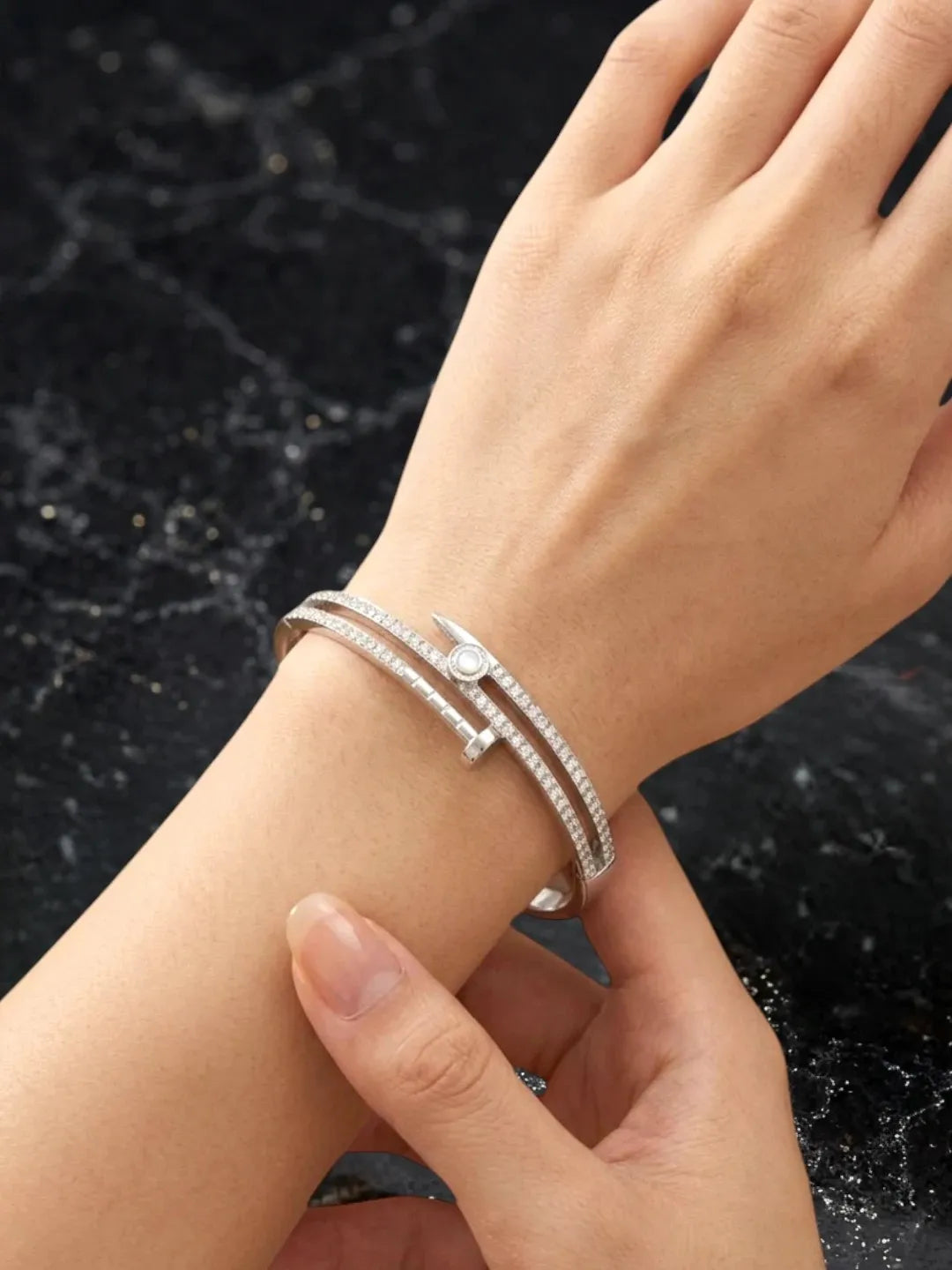 Silver Plated Anti Tarnishs CZ Nail Design Bracelet