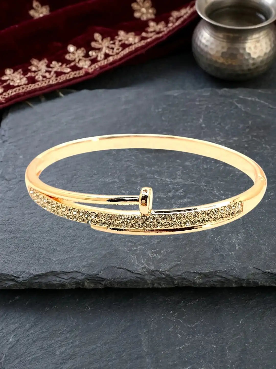Gold Plated Tarnish CZ Nail Design Bracelet