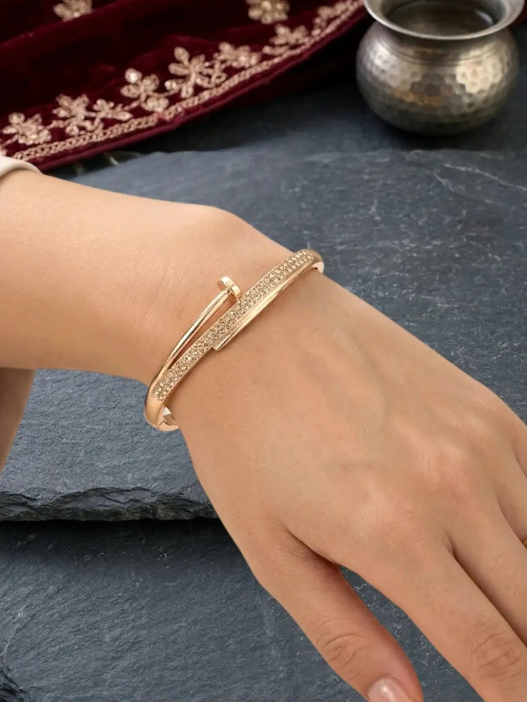 Gold Plated Tarnish CZ Nail Design Bracelet