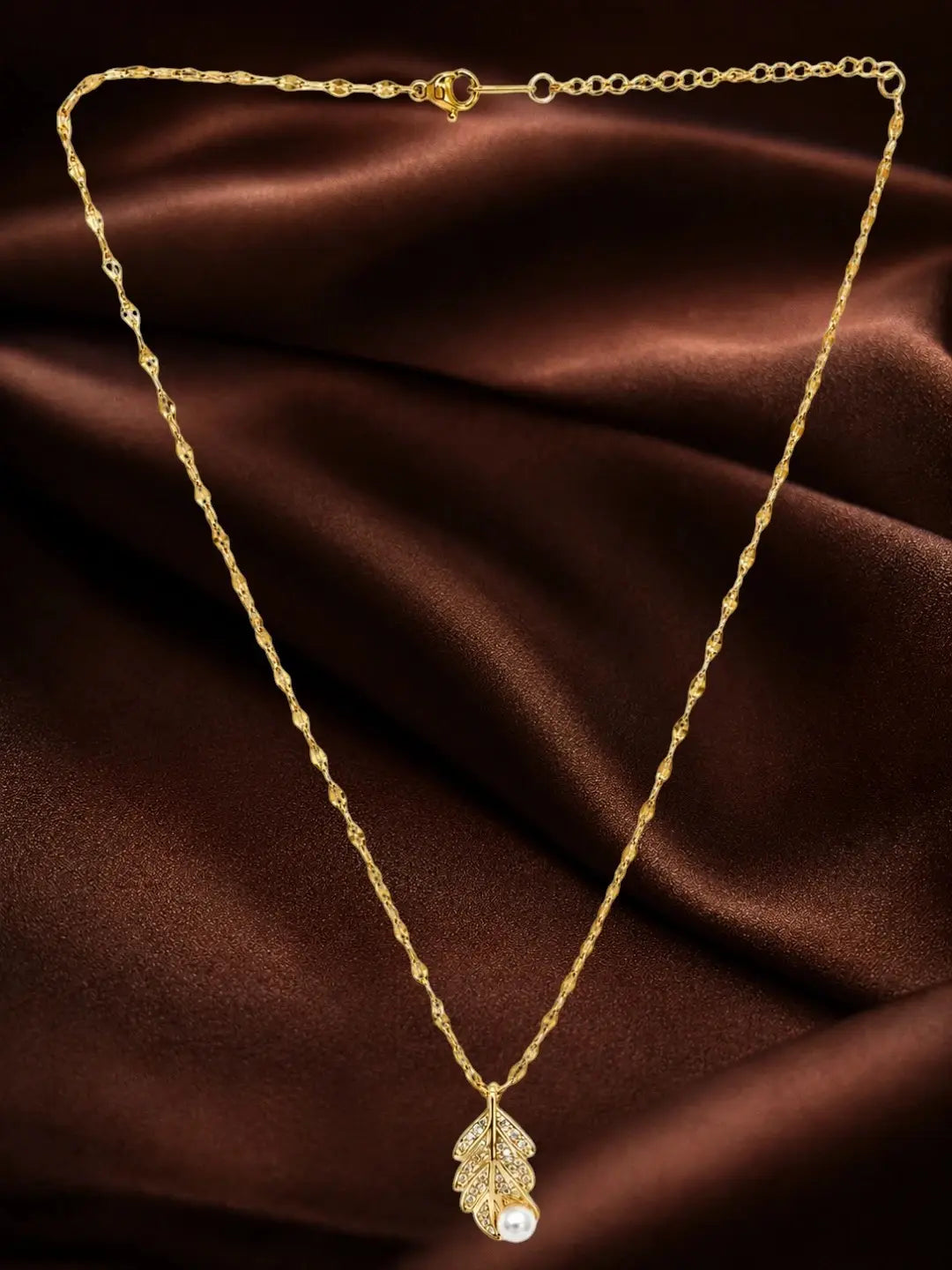 Gold Plated CZ Leaf Pendant With Chain