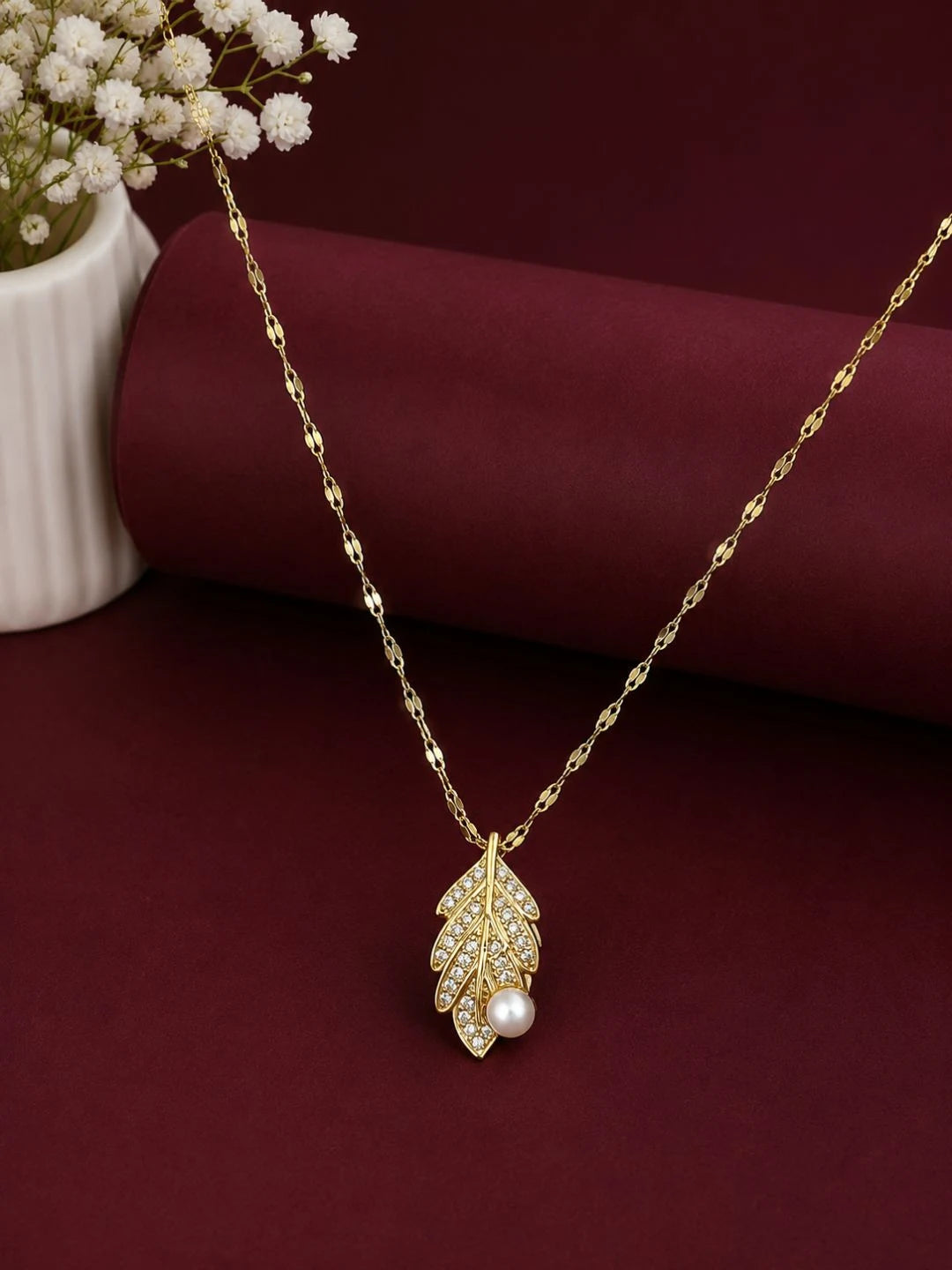 Gold Plated CZ Leaf Pendant With Chain