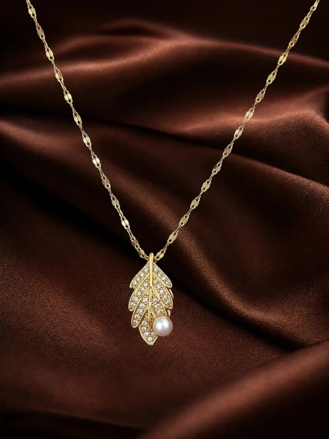 Gold Plated CZ Leaf Pendant With Chain
