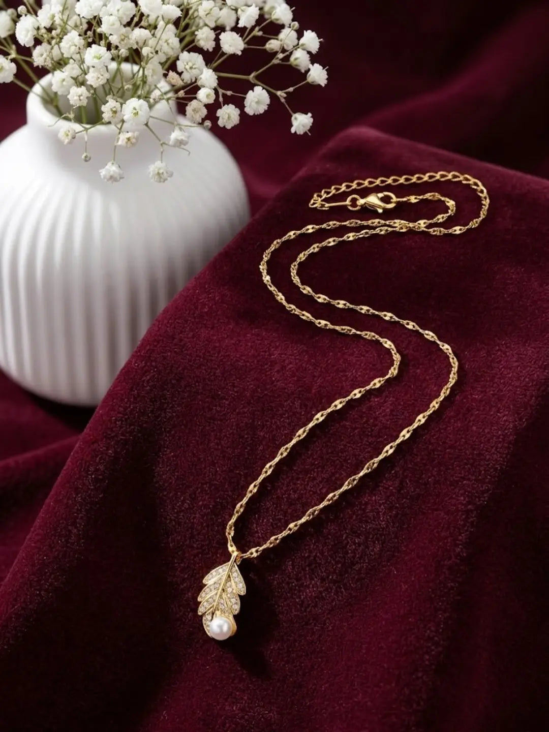 Gold Plated CZ Leaf Pendant With Chain