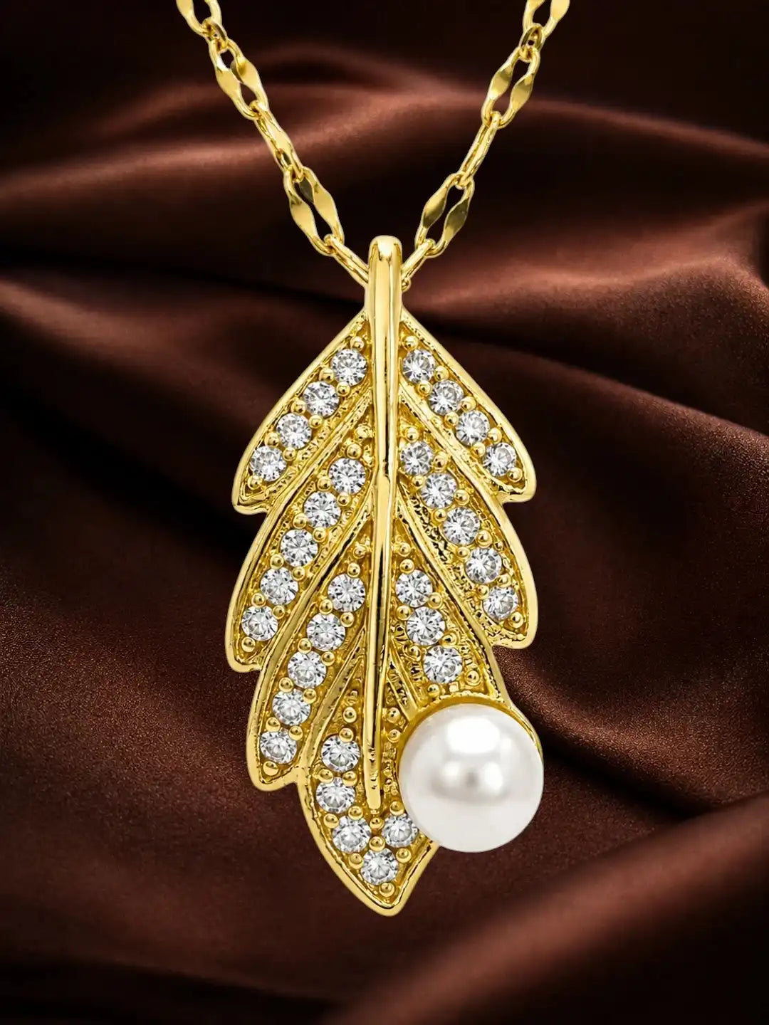 Gold Plated CZ Leaf Pendant With Chain