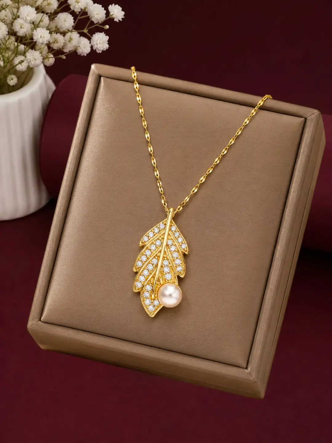 Gold Plated CZ Leaf Pendant With Chain
