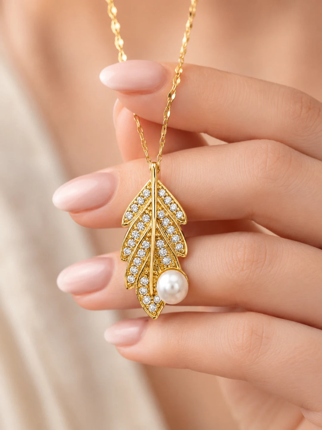 Gold Plated CZ Leaf Pendant With Chain