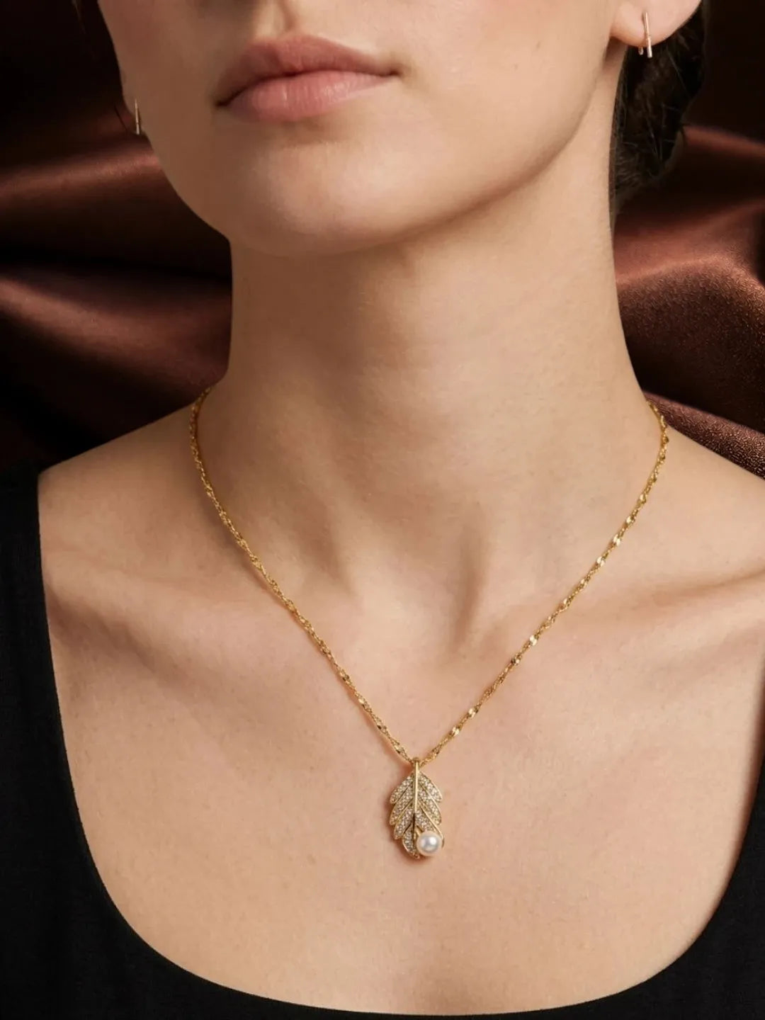 Gold Plated CZ Leaf Pendant With Chain