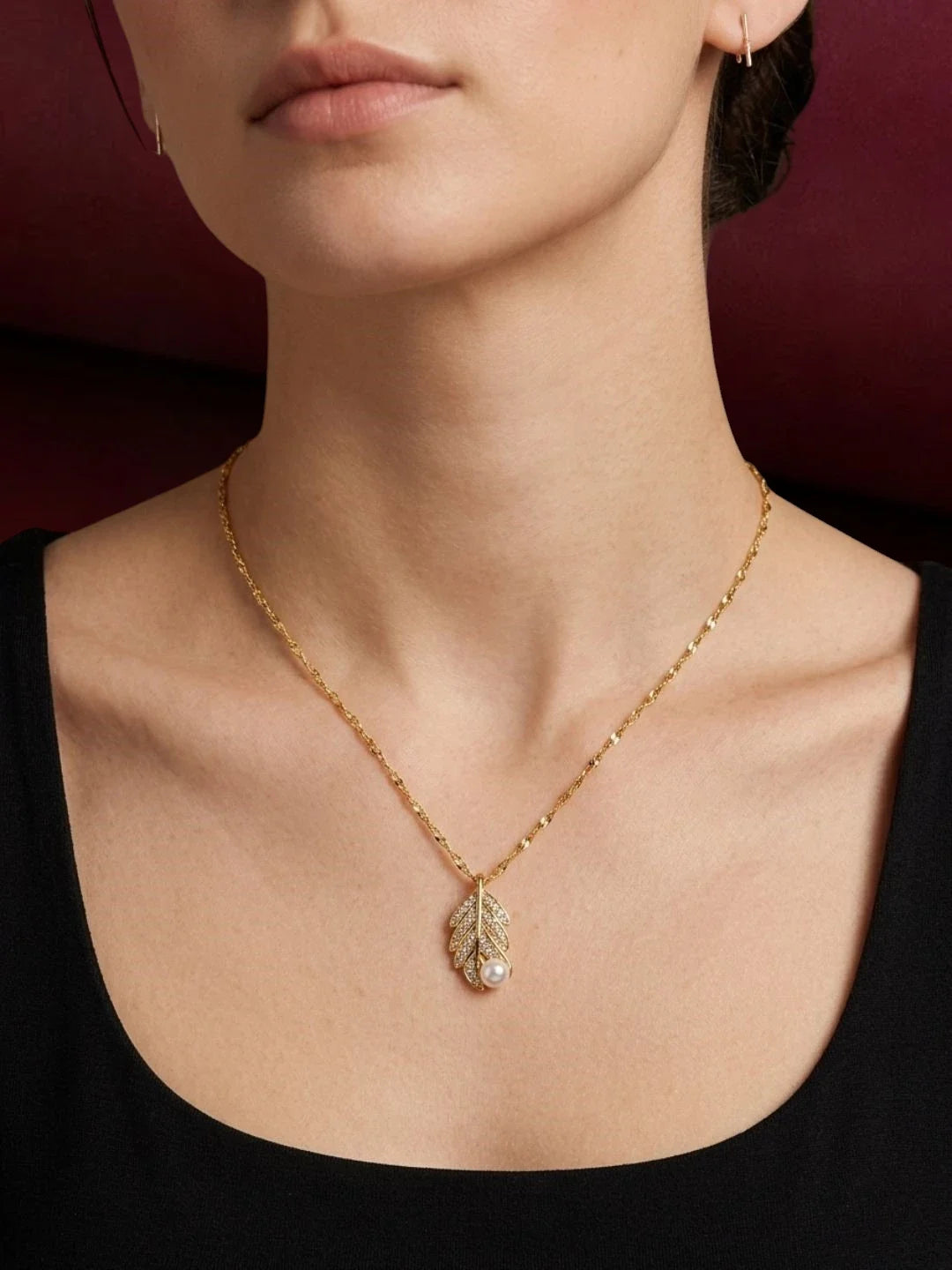 Gold Plated CZ Leaf Pendant With Chain