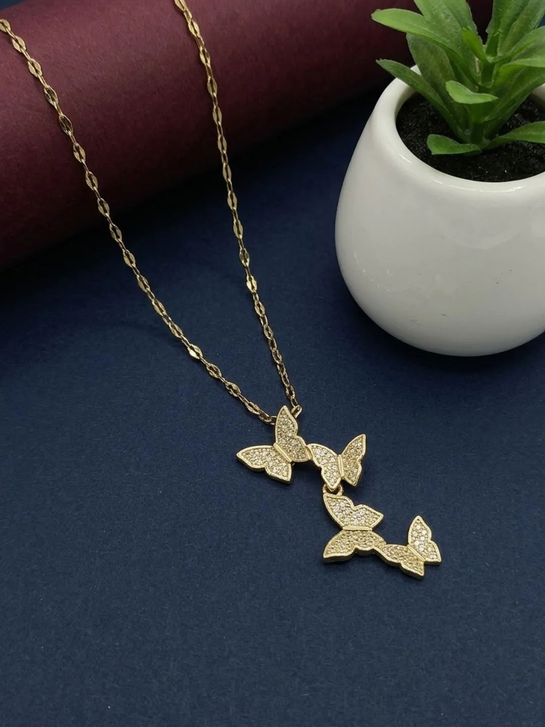 Gold Plated CZ Layered Butterfly Pendant With Chain