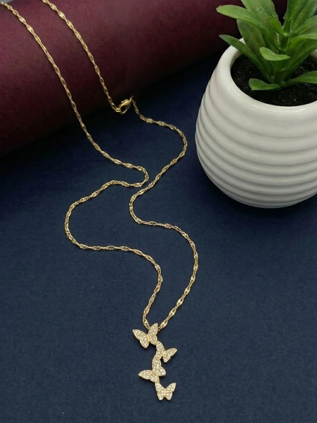 Gold Plated CZ Layered Butterfly Pendant With Chain