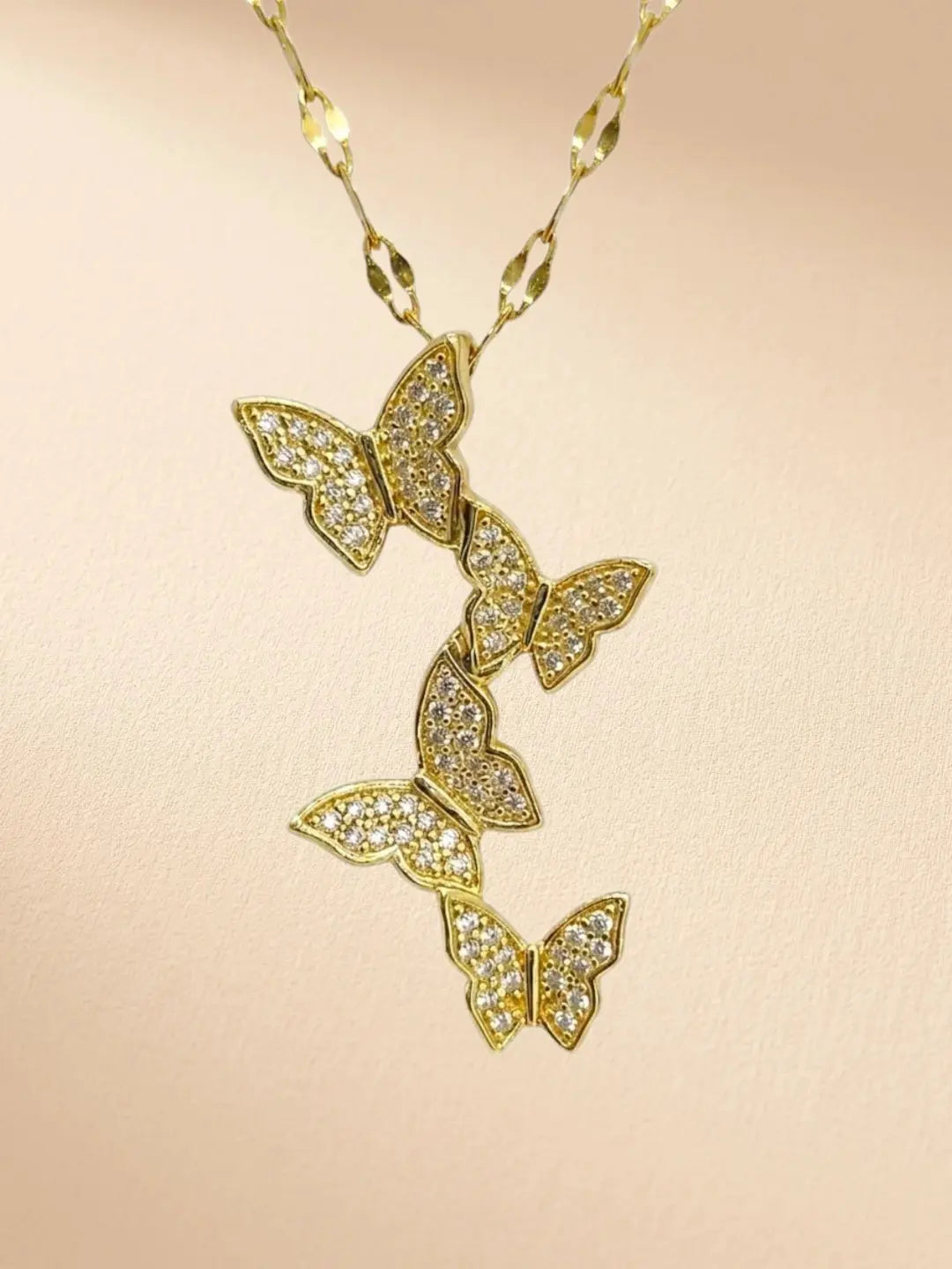Gold Plated CZ Layered Butterfly Pendant With Chain