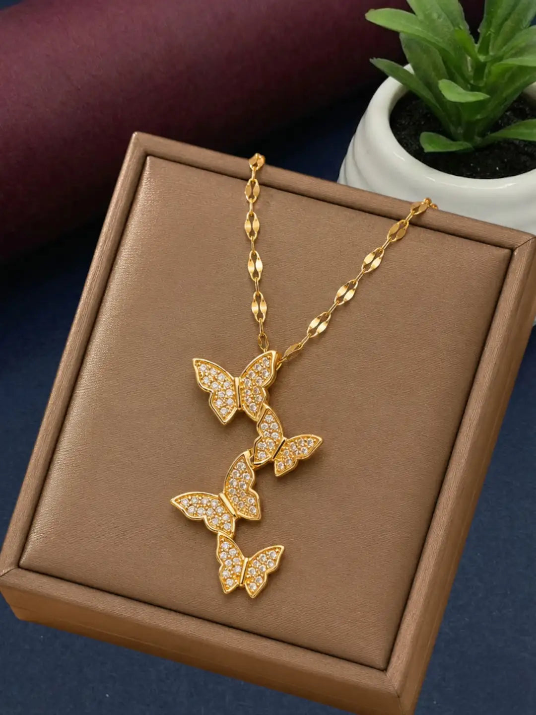Gold Plated CZ Layered Butterfly Pendant With Chain
