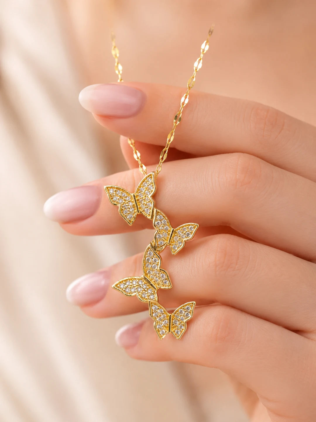 Gold Plated CZ Layered Butterfly Pendant With Chain