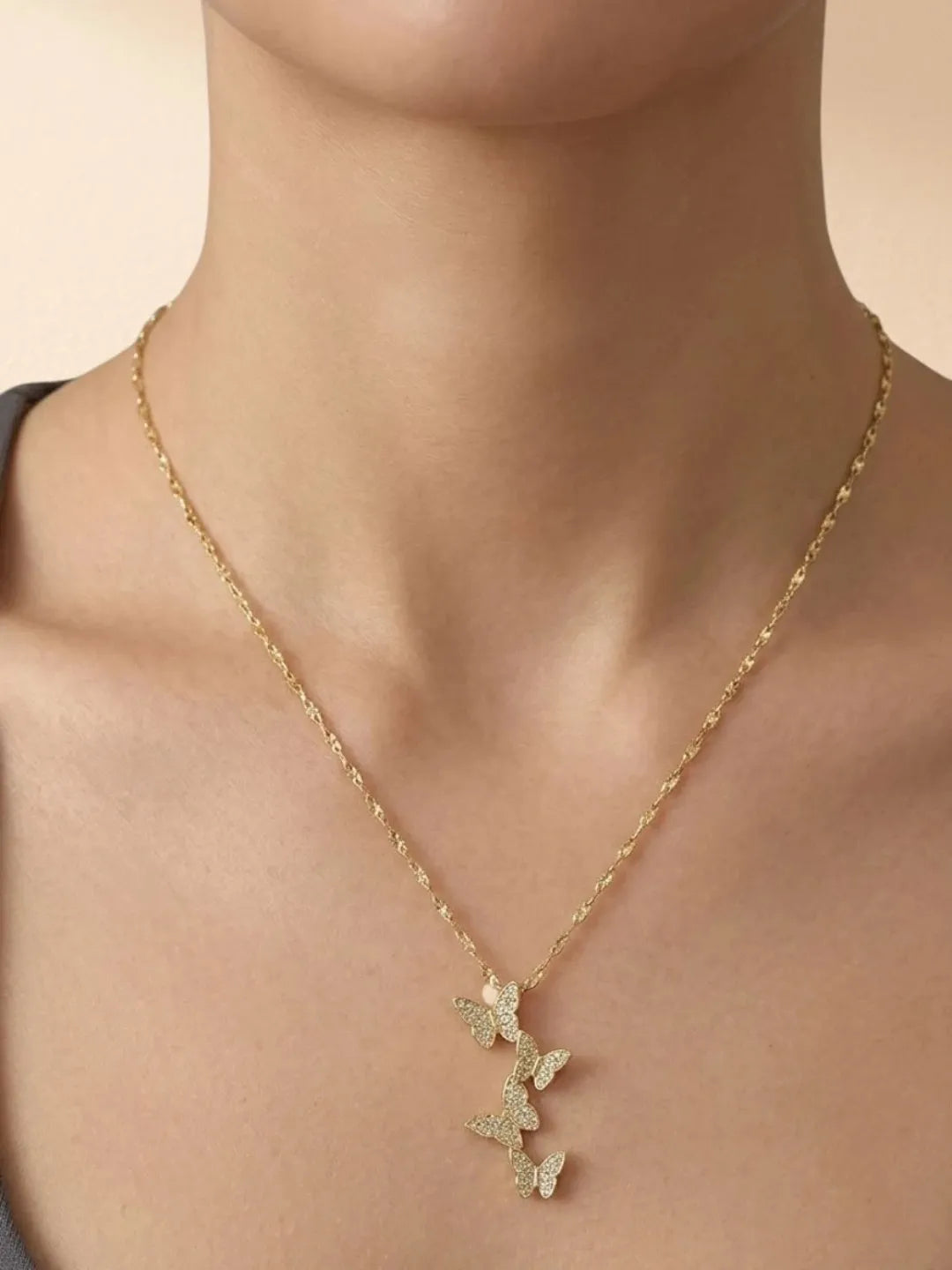 Gold Plated CZ Layered Butterfly Pendant With Chain