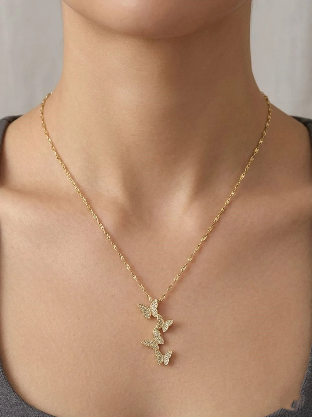 Gold Plated CZ Layered Butterfly Pendant With Chain