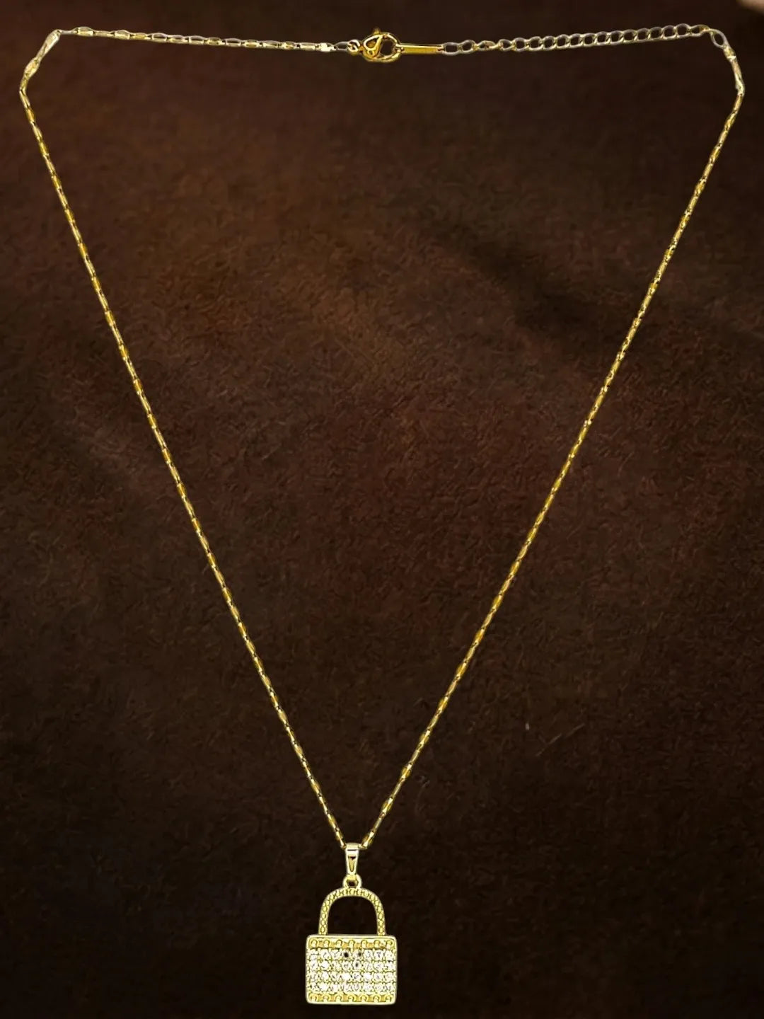 Gold Plated CZ Lock Pendant With Chain