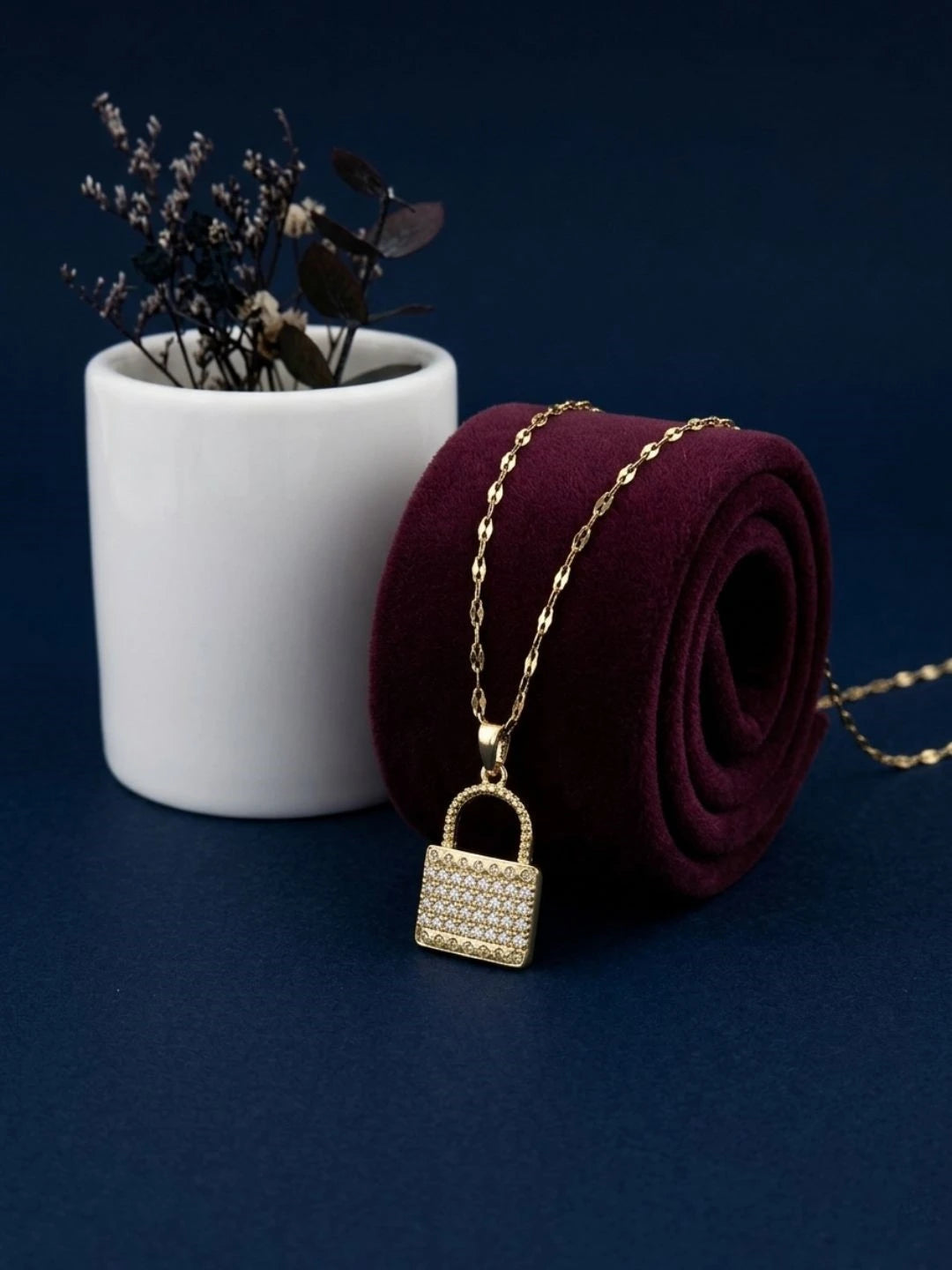 Gold Plated CZ Lock Pendant With Chain