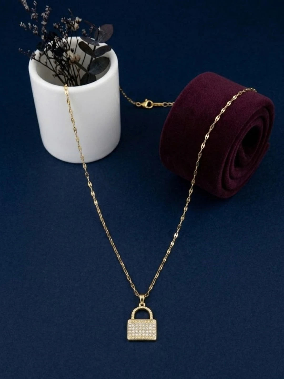 Gold Plated CZ Lock Pendant With Chain