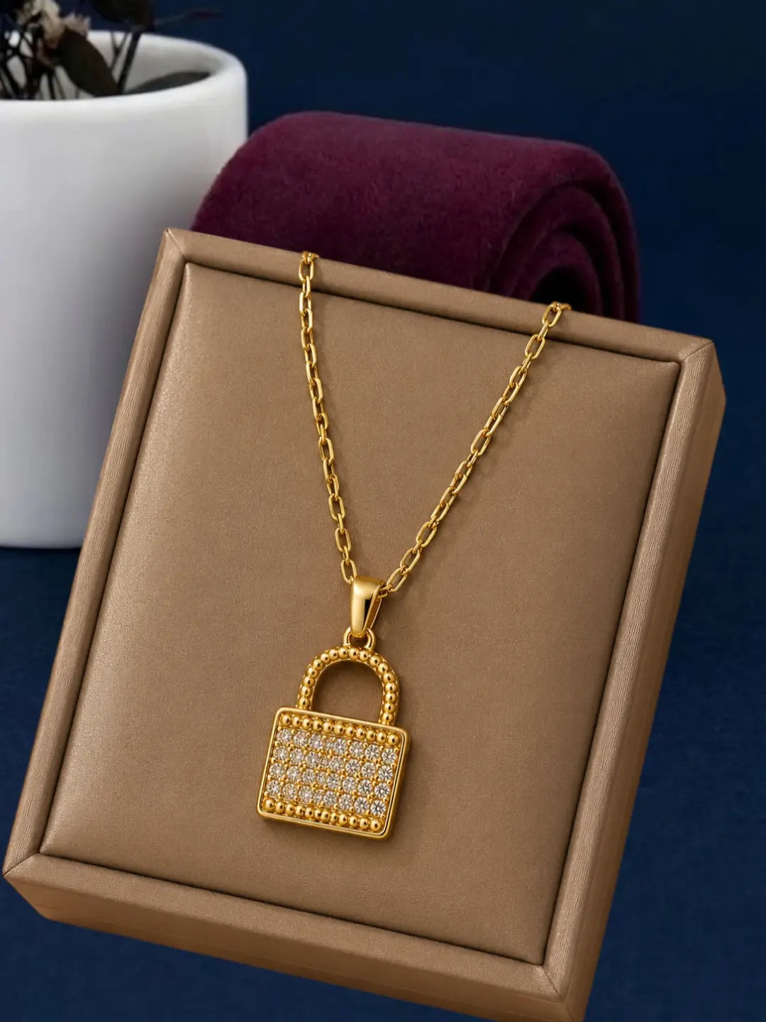 Gold Plated CZ Lock Pendant With Chain