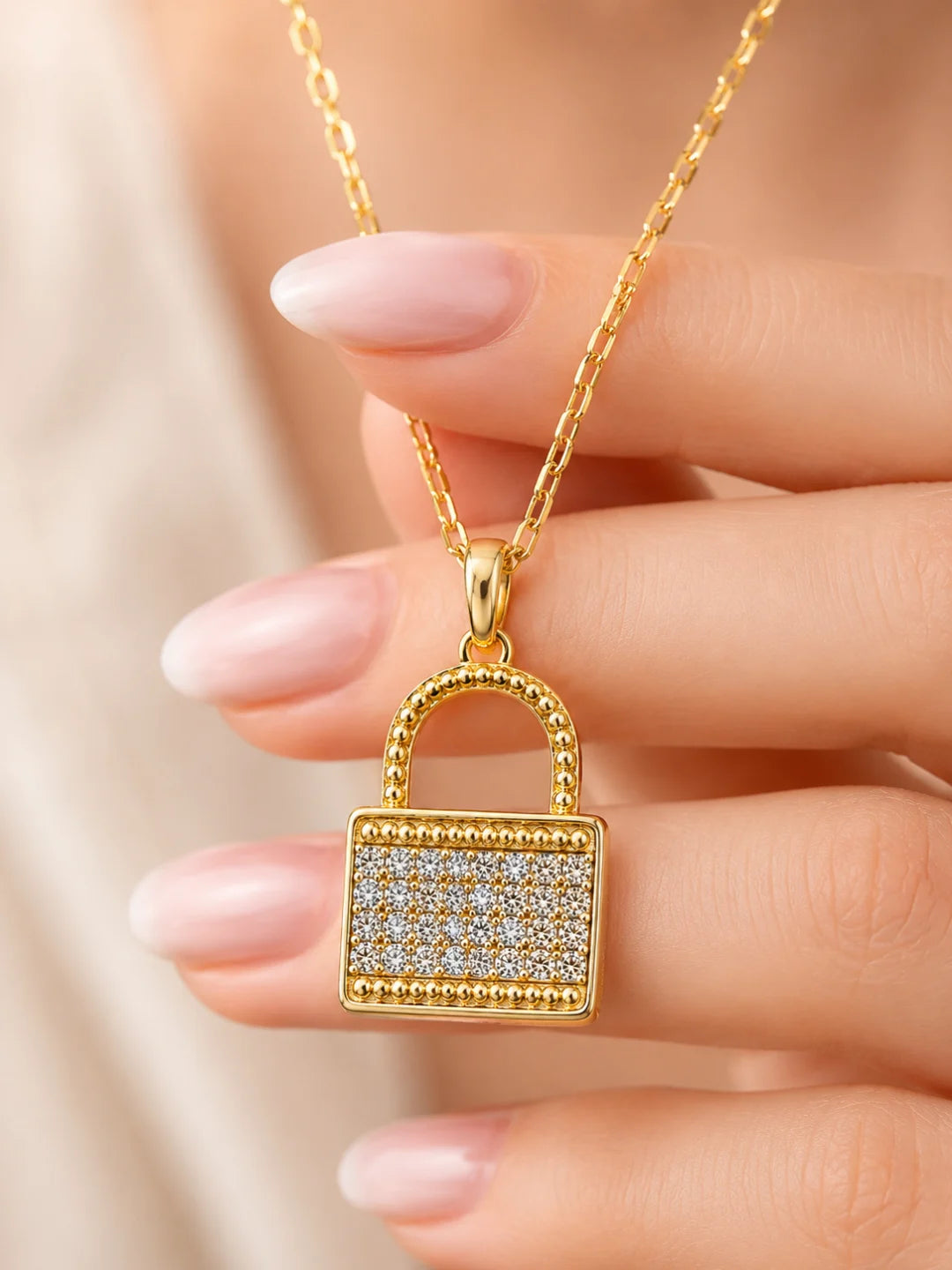 Gold Plated CZ Lock Pendant With Chain