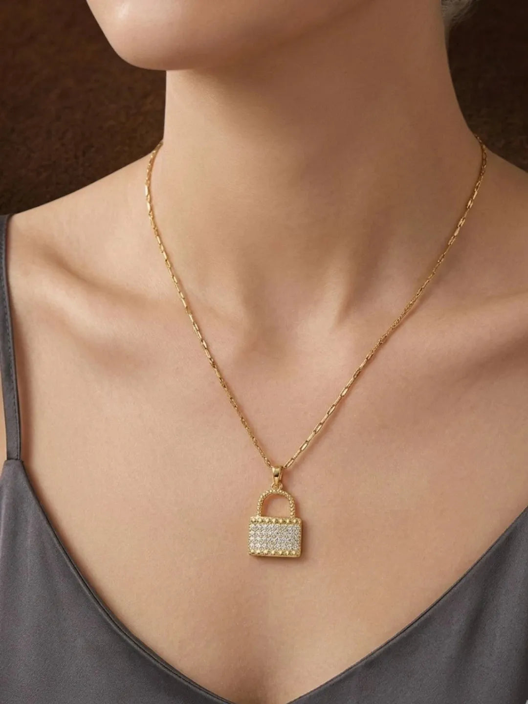 Gold Plated CZ Lock Pendant With Chain