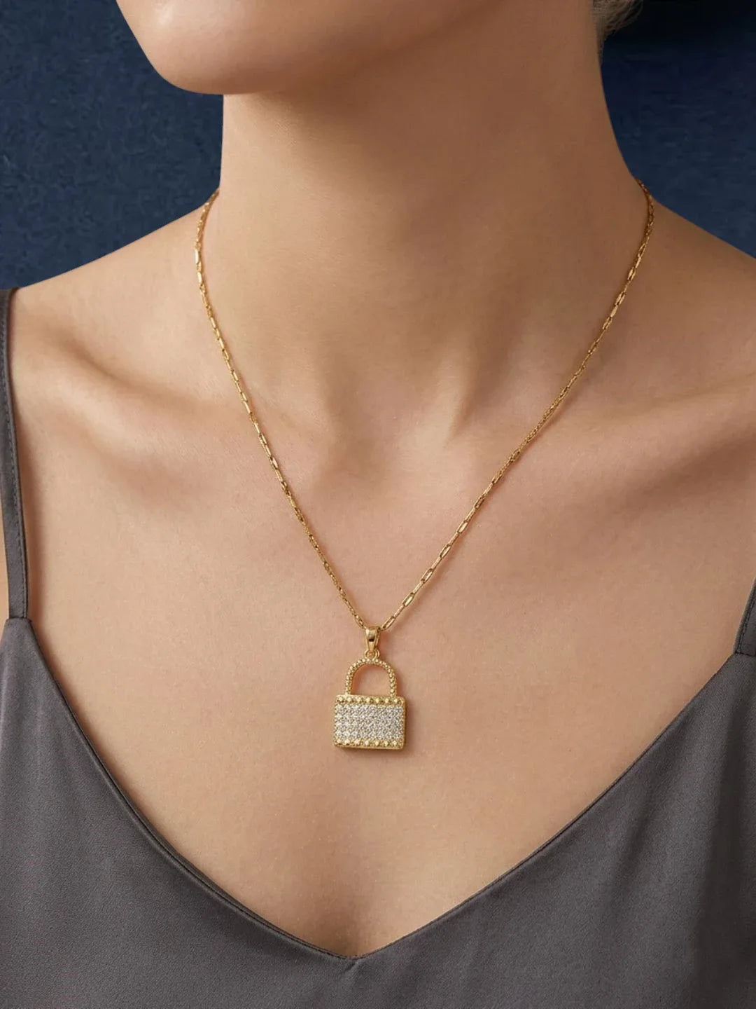 Gold Plated CZ Lock Pendant With Chain