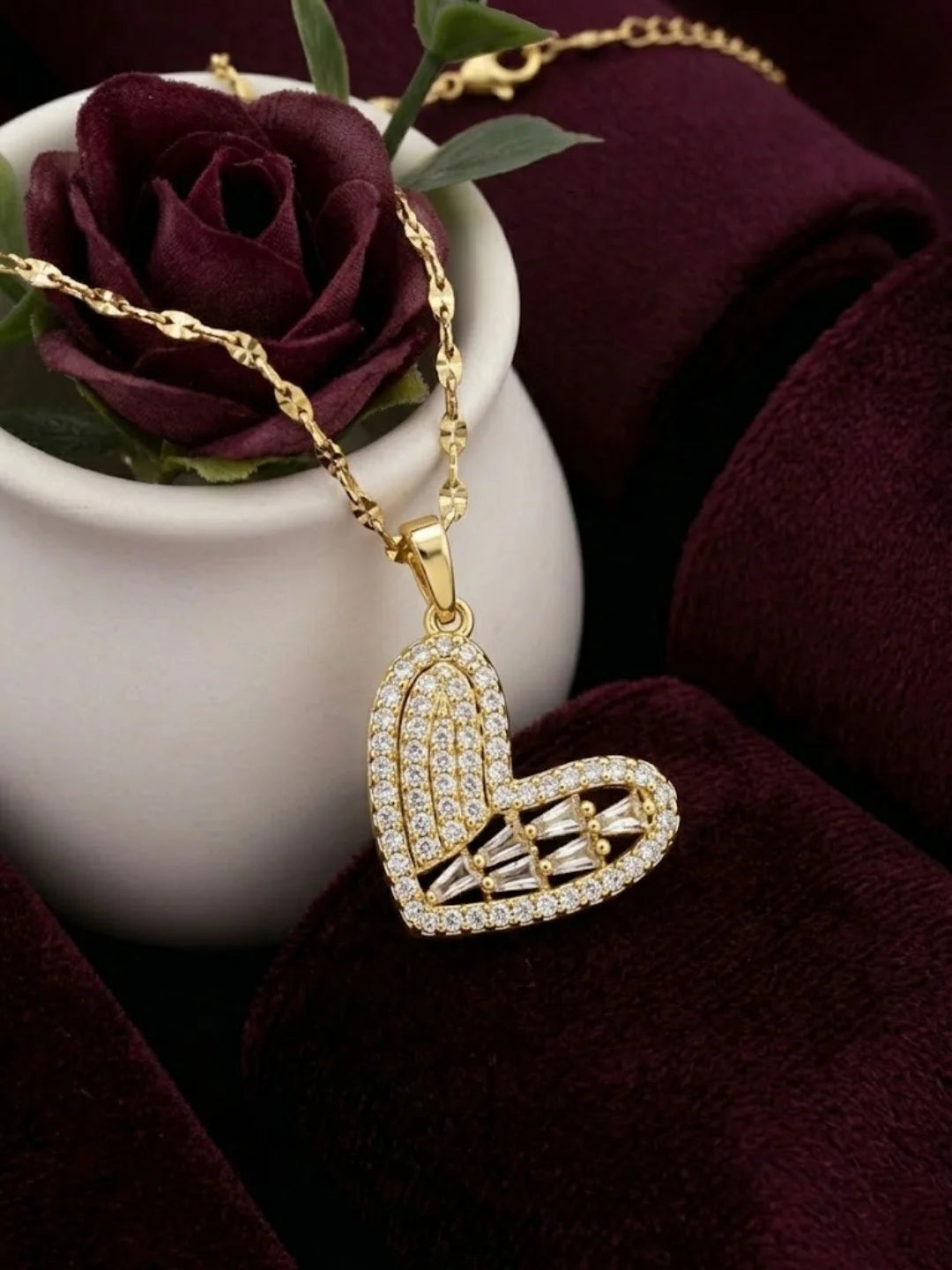 Gold Plated CZ Love Heart Pendant With Chain